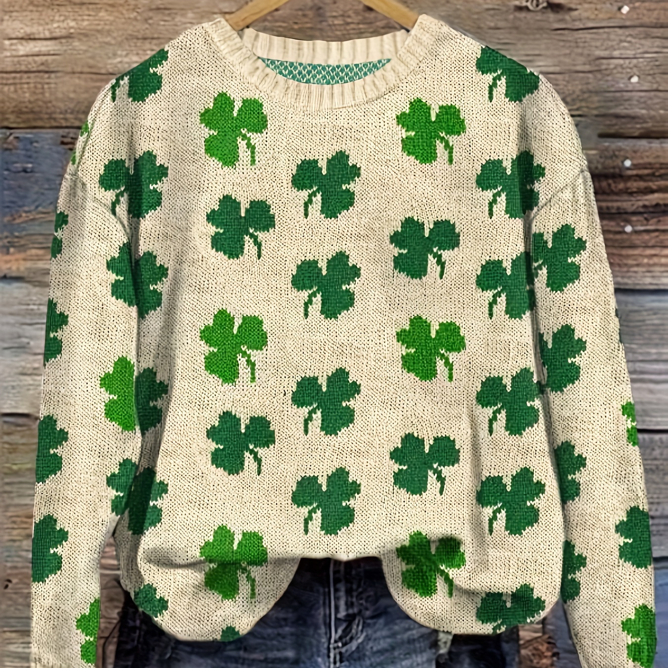 

St. Patrick's Day Clover Pattern Crew Neck Pullover Sweater, Casual Long Sleeve Knit Sweater, Women's Clothing