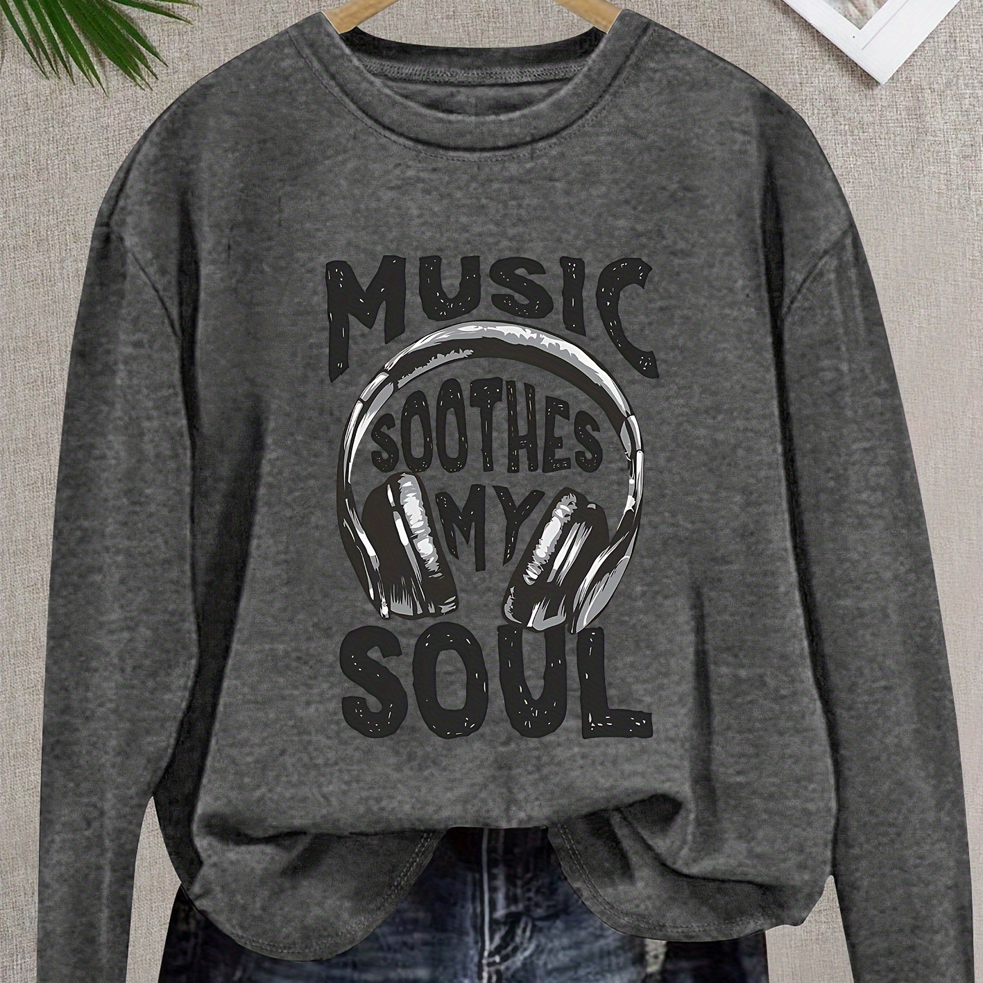 

Fashion Letter Earphone Pattern Round Neck Long Sleeve T-shirt, Women's Top For Autumn & Winter