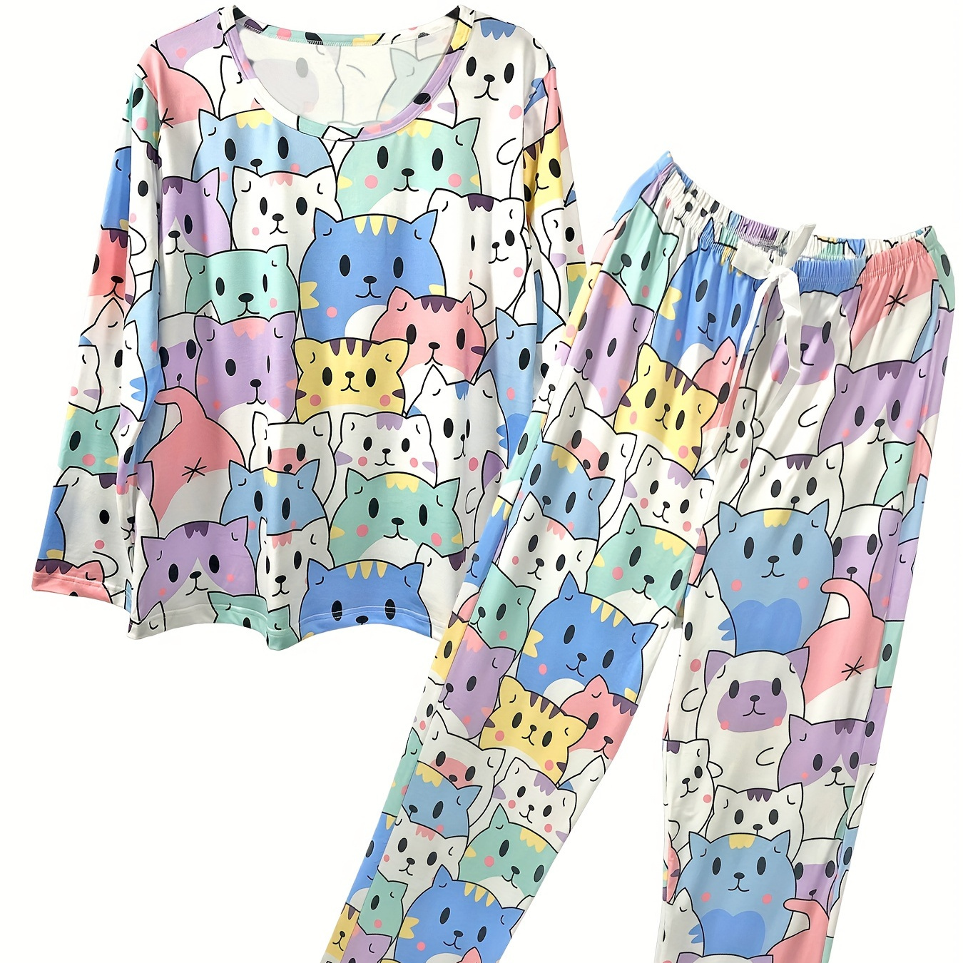 

Cute Allover Cat Print Pajamas Set, Long Sleeve Crew Neck Top & Pants, Women's Sleepwear & Loungewear