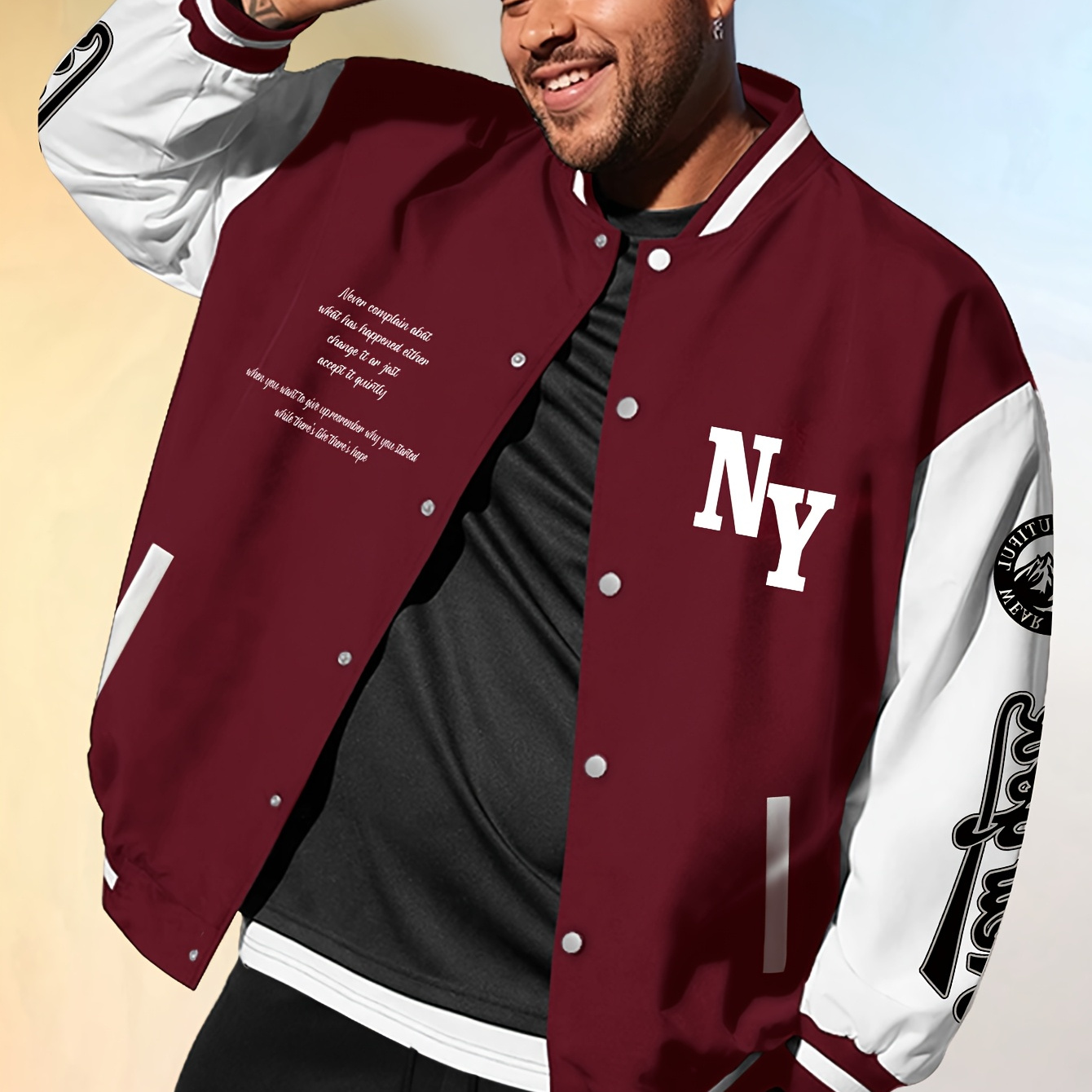 

Men's Plus Size Varsity Letter Print Baseball Jacket With Pockets, Outdoor Cloth