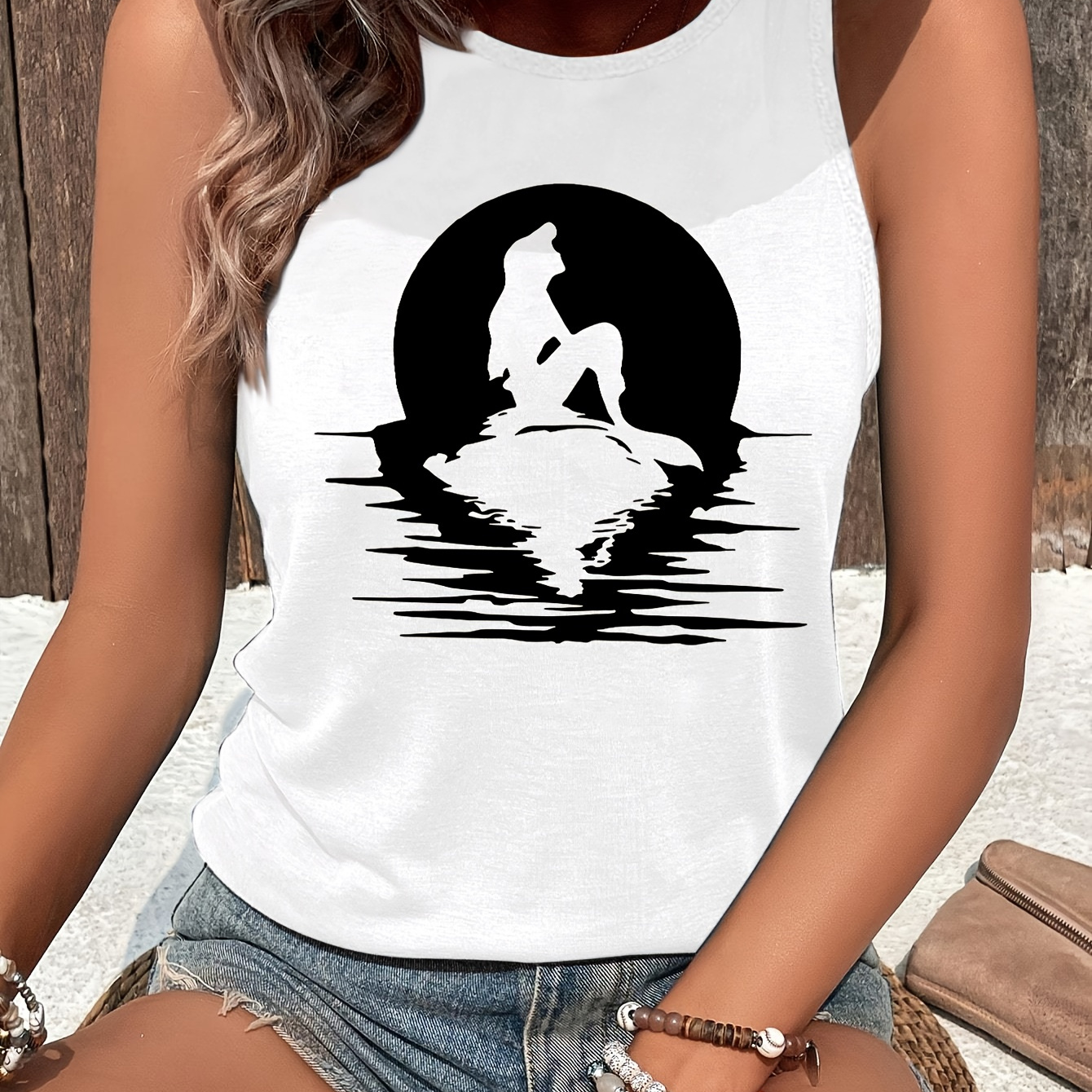 

Mermaid Print Crew Neck Tank Top, Sleeveless Casual Top For Summer & Spring, Women's Clothing