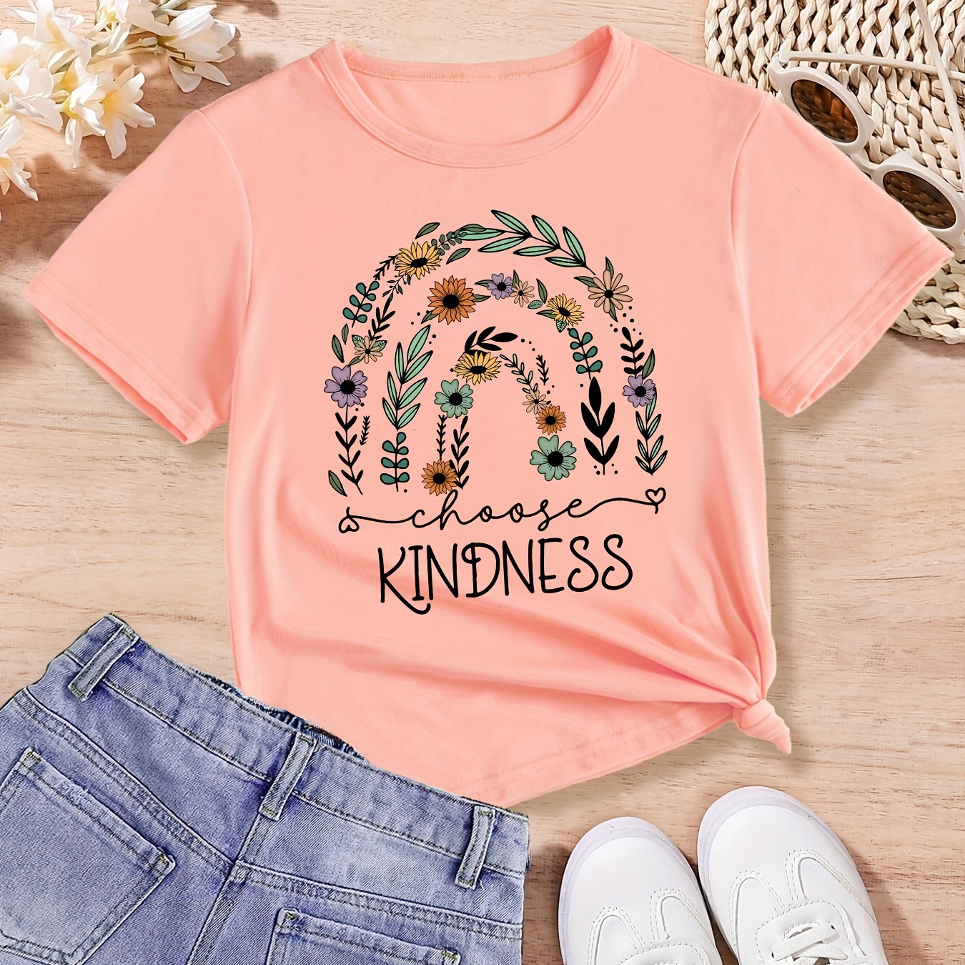 

Choose Kindness & Colorful Flowers Graphic Print, Girls' Casual & Comfy Crew Neck Short Sleeve T-shirt For Spring & Summer, Girls' Clothes For Outdoor Activities