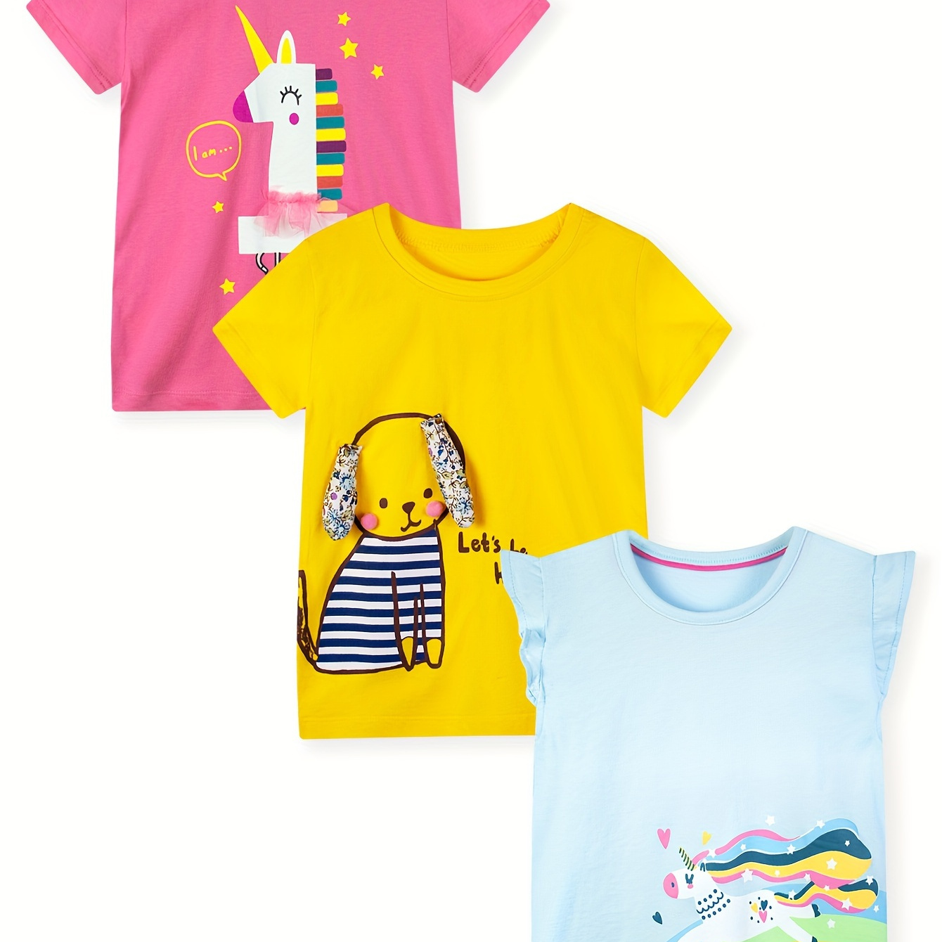 

Three-piece Set Girls' Short Sleeve T-shirt Pure Cotton Breathable Comfortable Casual Round Neck Hoodie Cartoon Unicorn Print Random T-shirt Summer -8y