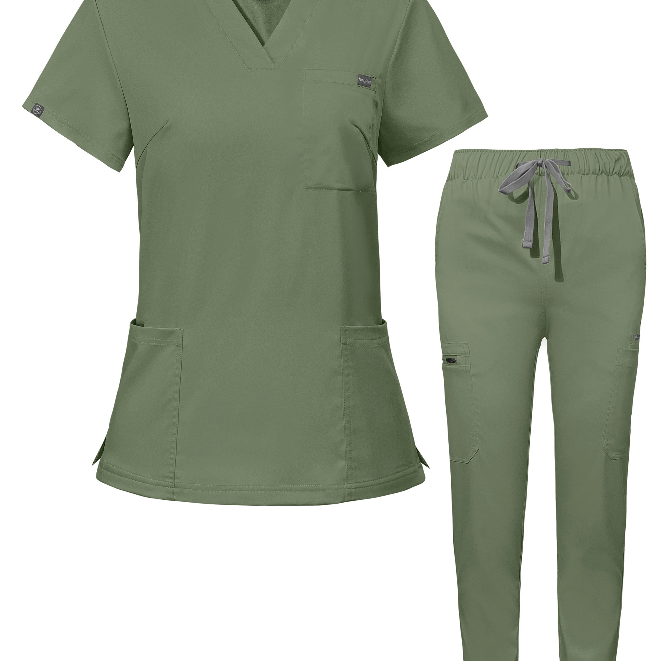 

Modern Two-piece Scrubs Top, Short Sleeve V Neck Pockets Scrub Top & Drawstring Jogger Pants Uniform For Doctor, Nurse, Physician, Dentist, Women's Work Clothing