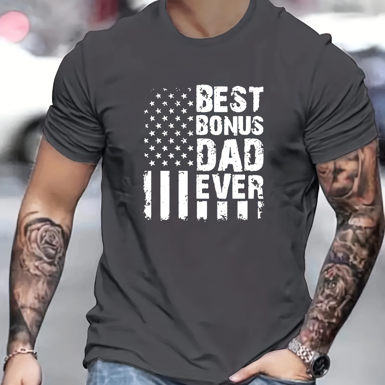 

Best Bonus Dad Ever Print T Shirt, Tees For Men, Casual Short Sleeve T-shirt For Summer