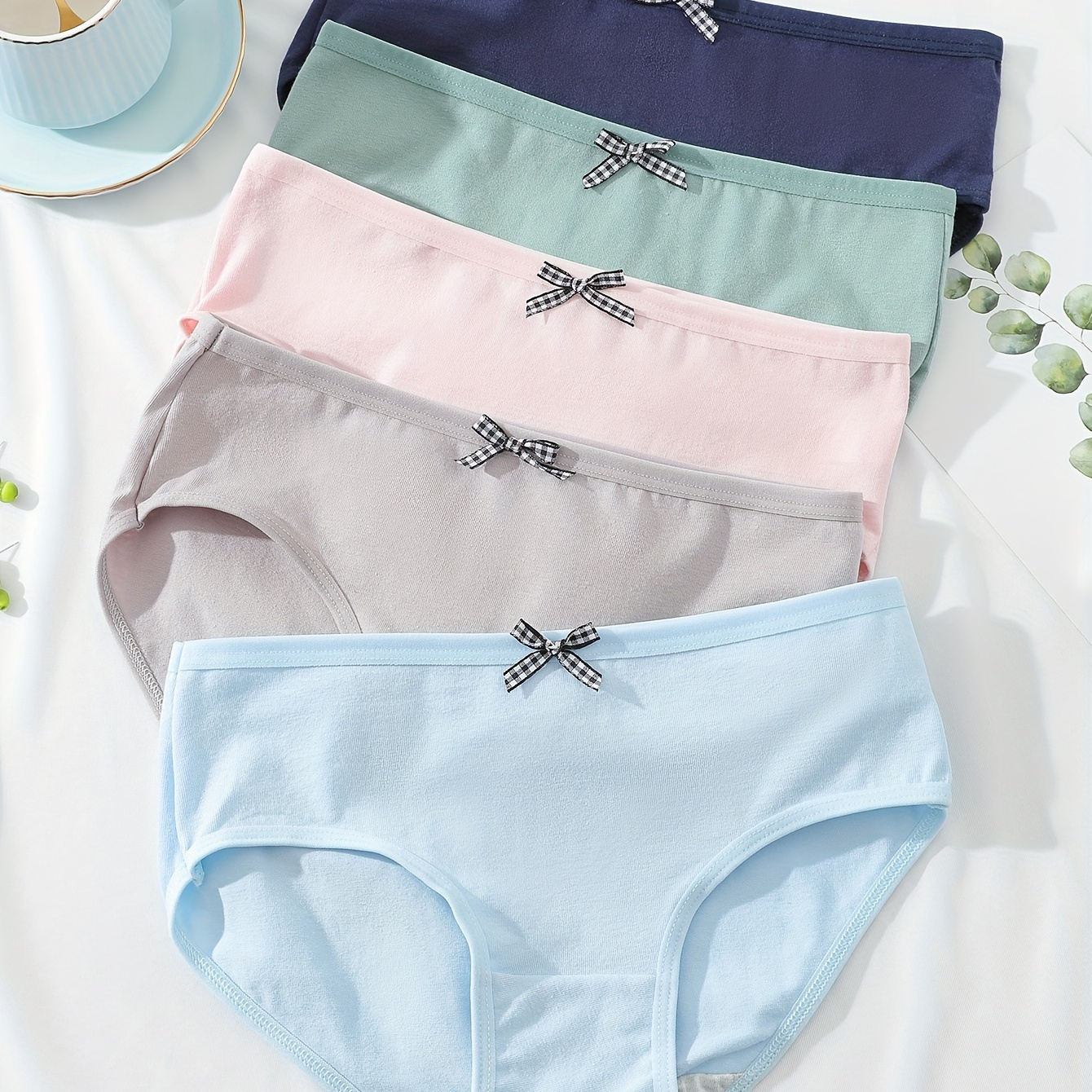 

Women's Cotton Hipster Panties 5-pack - Breathable Mid-waist Underwear With Bow Detail, Solid Colors, (95% Cotton, 5% Elastane)