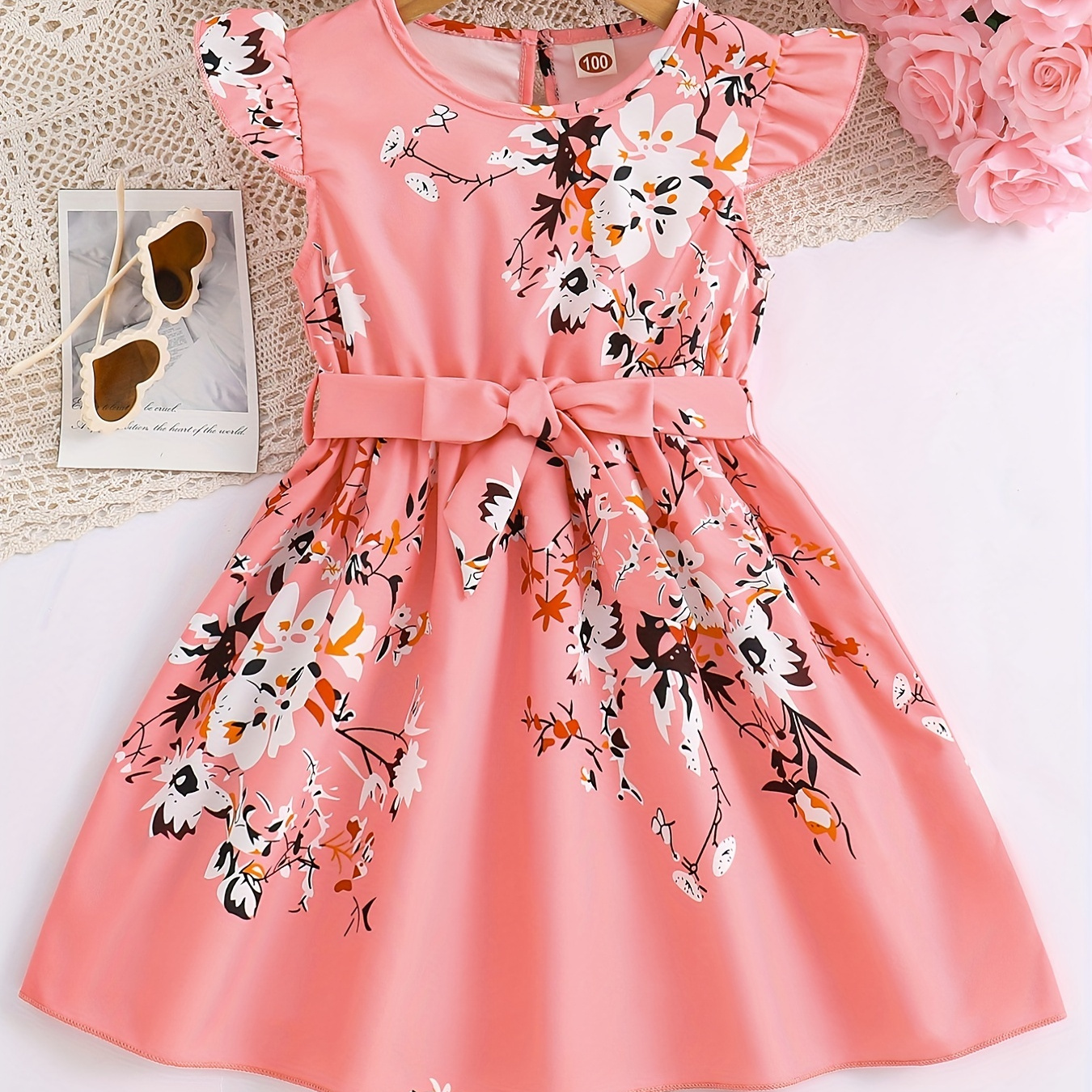 

Casual Flying Sleeve Floral Midi Dress For Girls, Sweet Style Sleeveless Summer Daily Cute Dresses