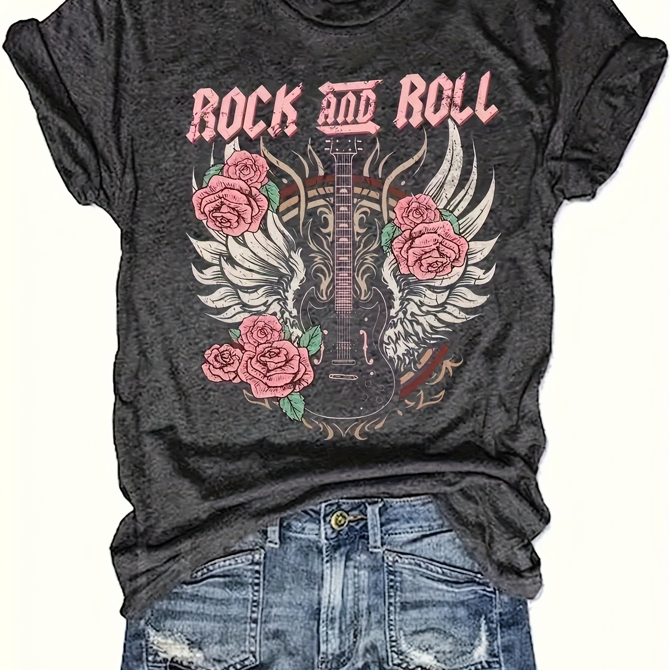 

T-shirt imprimé ROCK AND ROLL grande taille, haut décontracté à manches courtes col rond pour le printemps et l'été, vêtements grande taille pour femmes