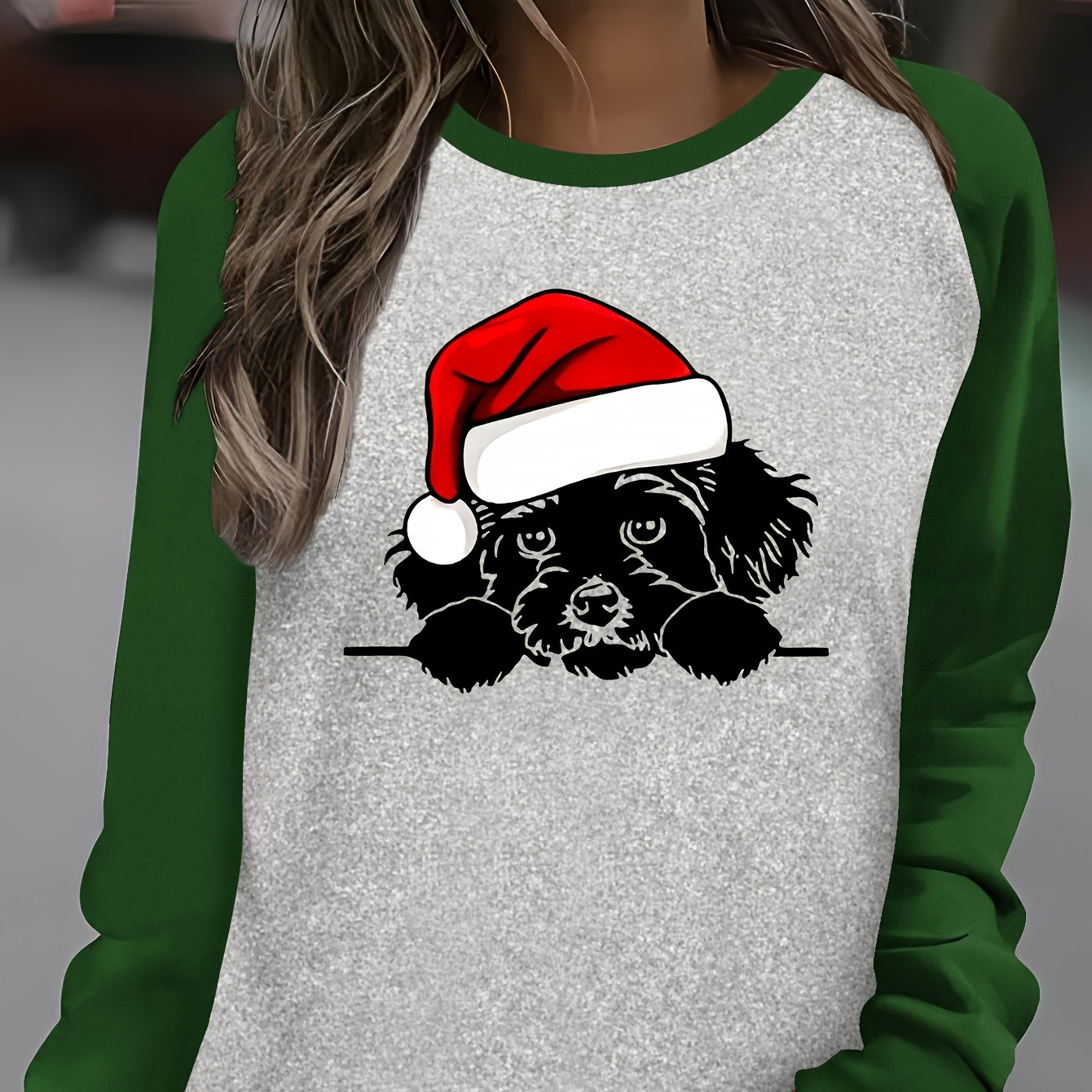 

T-shirt décontracté à col rond à manches longues pour femme avec applique de chien de Noël, mélange de polyester et d'élasthanne, haut en tricot à motif animal pour toutes les saisons