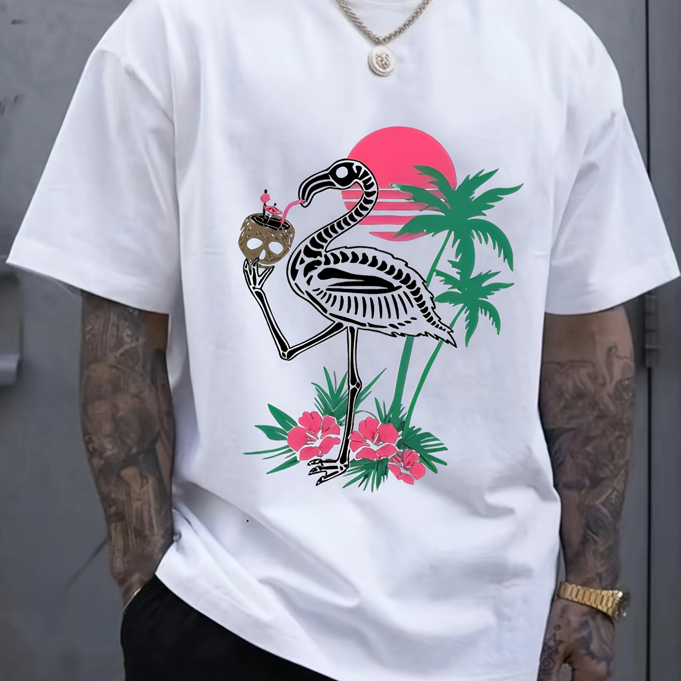 

Flamingo Skull Pattern Print Men's Fashion Comfy Breathable T-shirt, New Casual Round Neck Short Sleeve Tee For Spring Summer Men's Clothing