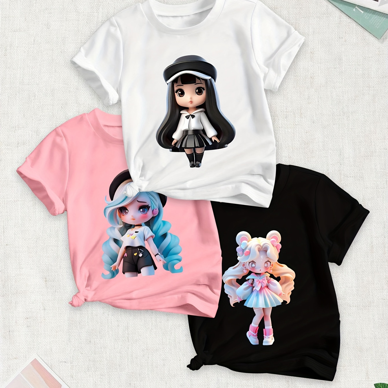 

Set Of 3 Fashionable Casual T-shirts For Girls Featuring Cartoon Designs For 'valentine's Day' And 'ramadan'.