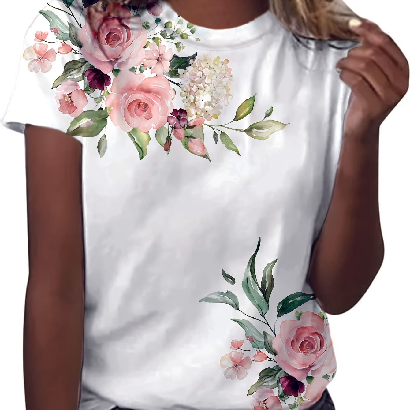 

Floral Print T-shirt, Short Sleeve Crew Neck Casual Top For Summer & Spring, Women's Clothing