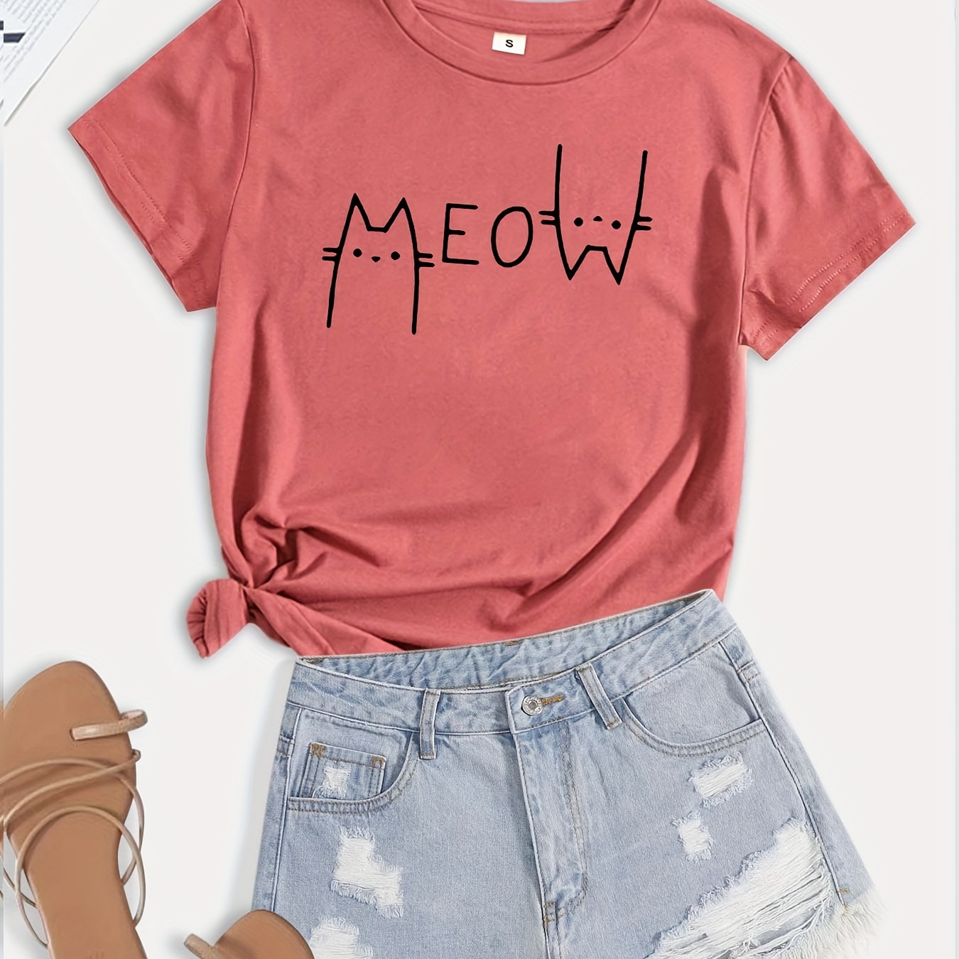 

Meow Print T-shirt, Short Sleeve Crew Neck Casual Top For Summer & Spring, Women's Clothing