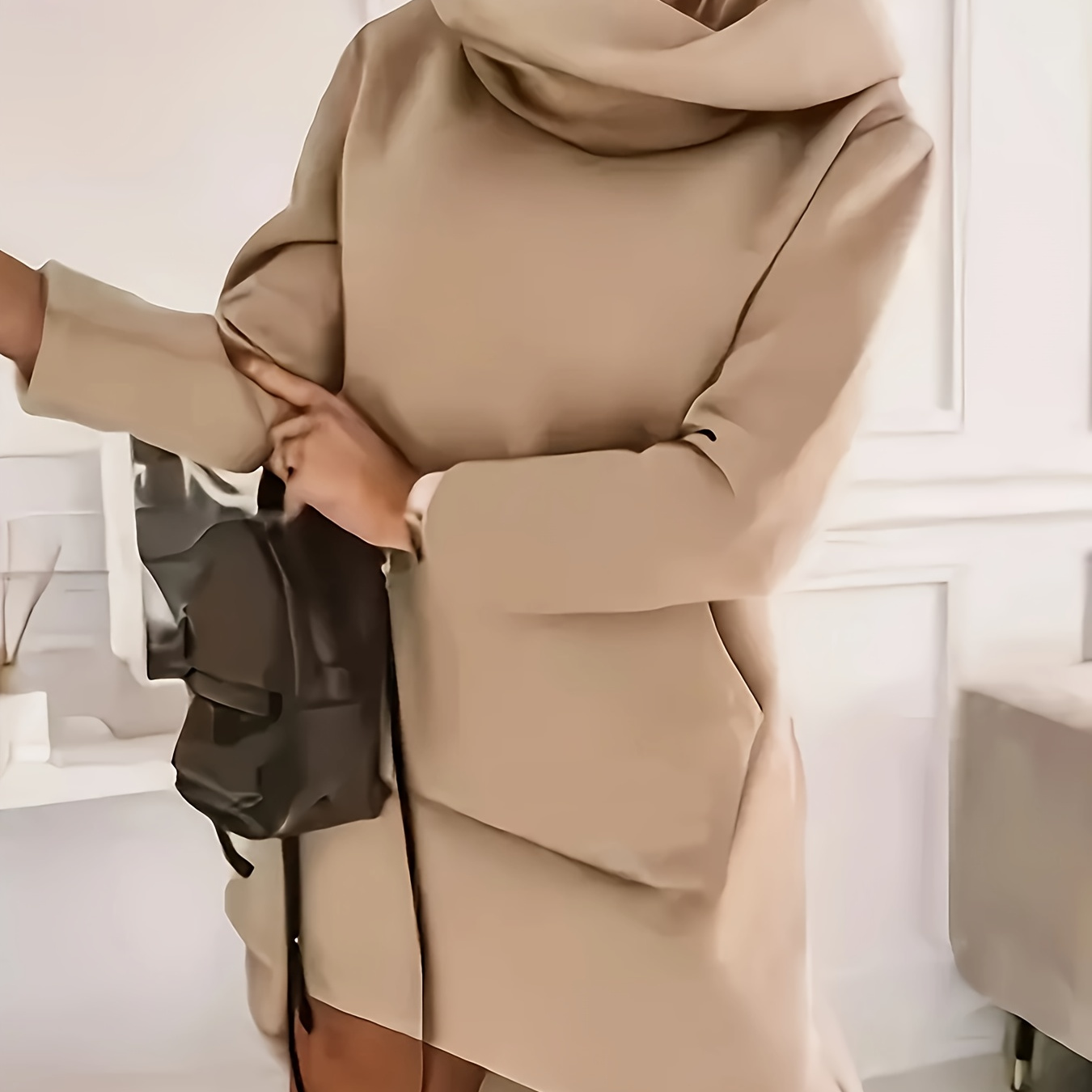 

Hooded Solid Color Hoodie Dress, Casual Long-sleeved Kangaroo Pocket Mid-length Dress, Women's Dress