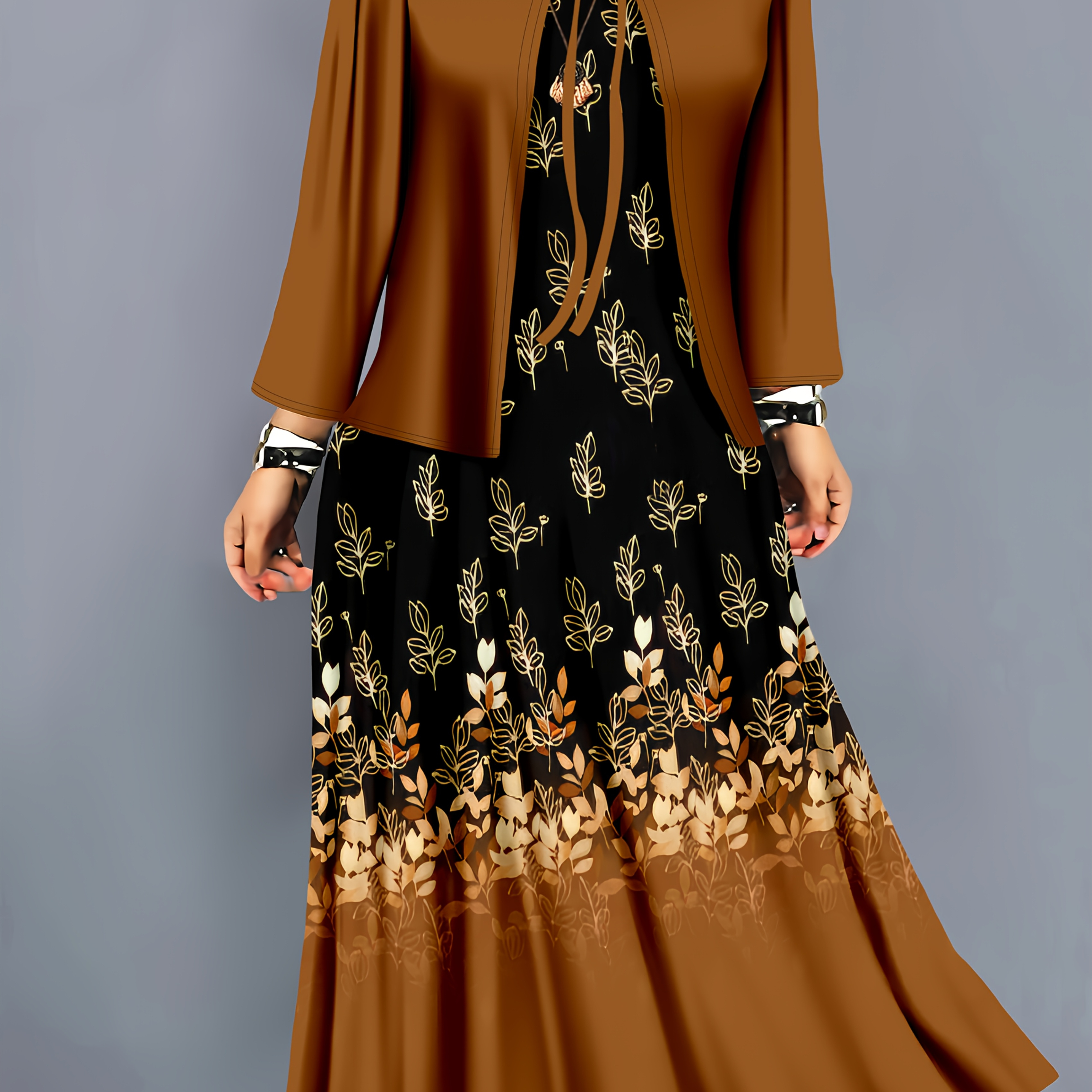 

A Two-piece Set Featuring A Solid Color Cardigan And A Floral Print Dress, In Autumn And .