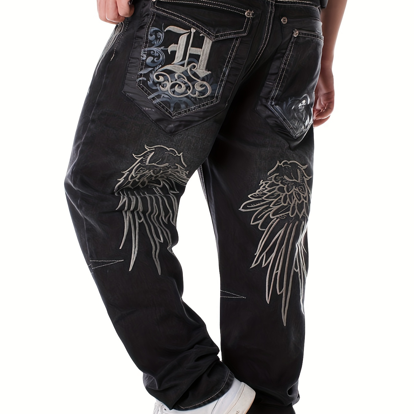 

Men's Vintage Straight Leg Jeans, Loose Embroidery Hip Hop Dance Denim Pants, All Seasons