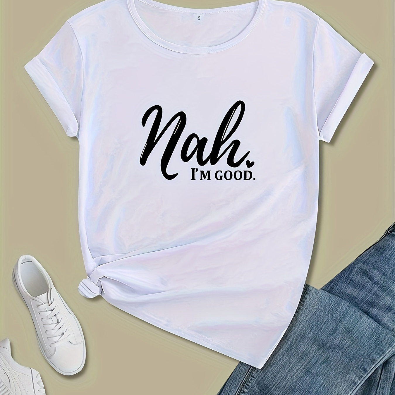 

Women's Summer Casual Soft Round Neck Short Sleeve T-shirt, Relaxed Fit "nah, I'm Good." Print Tee For Home, Sport, Workwear