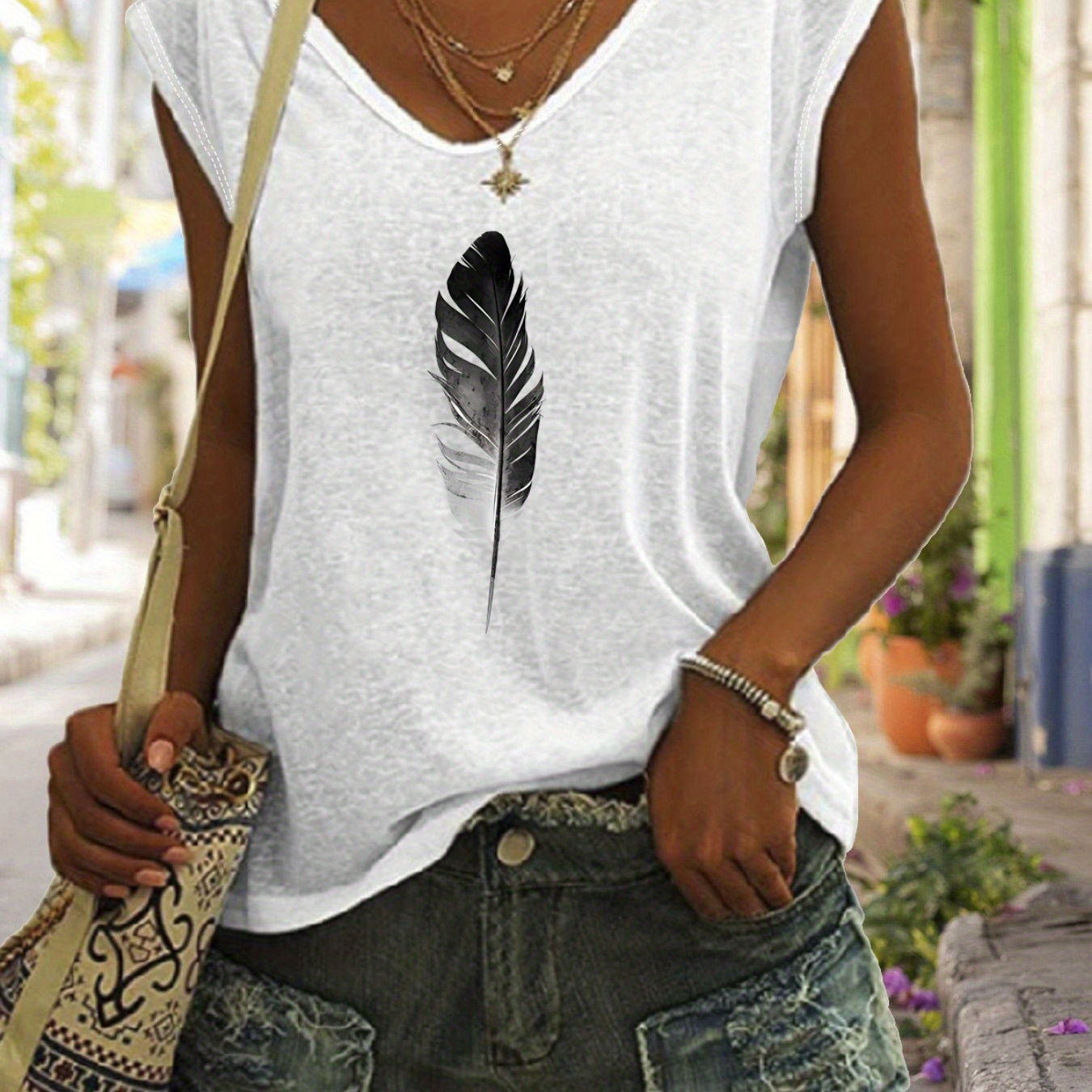 

Feather Print V Neck Top, Casual Cap Sleeve Top For Spring & Summer, Women's Clothing