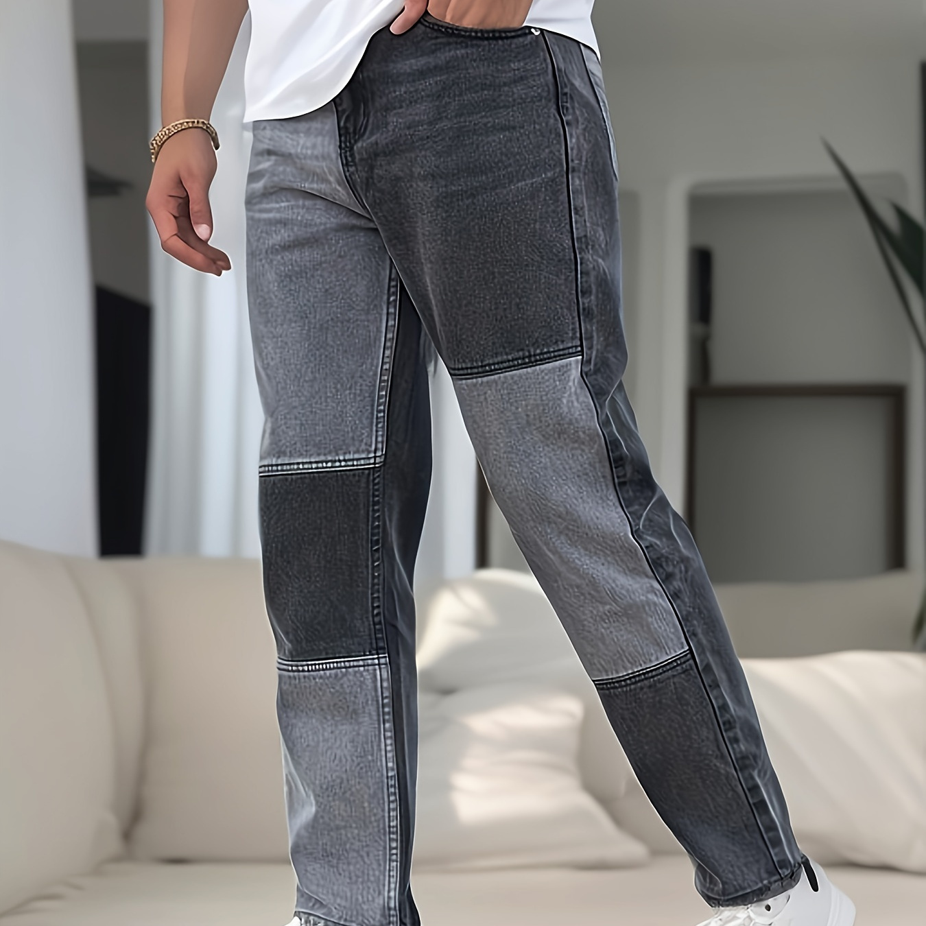 

Men's Casual Color Block Patchwork Jeans, Chic Street Style Denim Pants