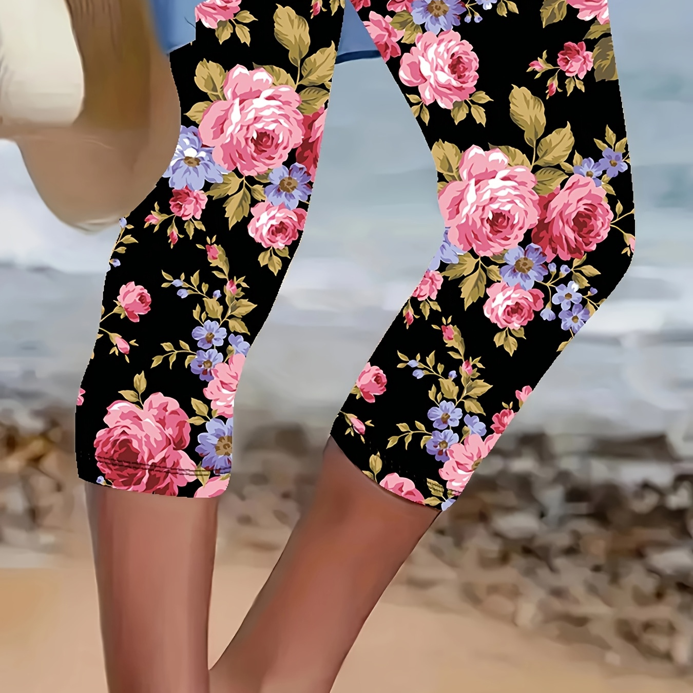 

Women's Floral Print Capri Leggings - Elegant Black With Flowers, Stretchy Waist, Casual Polyester/spandex , Machine Washable