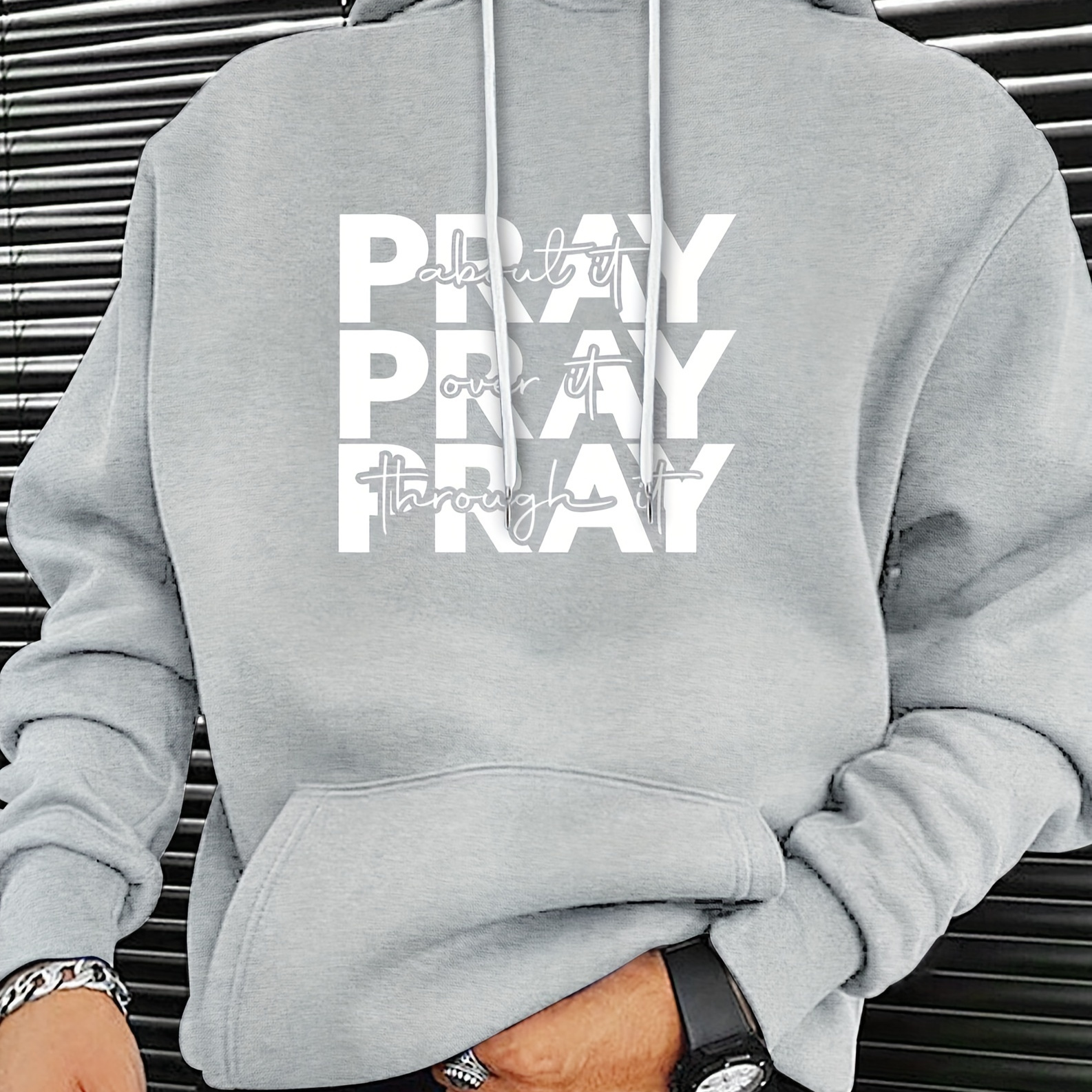 

pray" Print, Hoodies For Men, Graphic Sweatshirt With Kangaroo Pocket, Comfy Trendy Hooded Pullover, Mens Clothing For Fall Winter