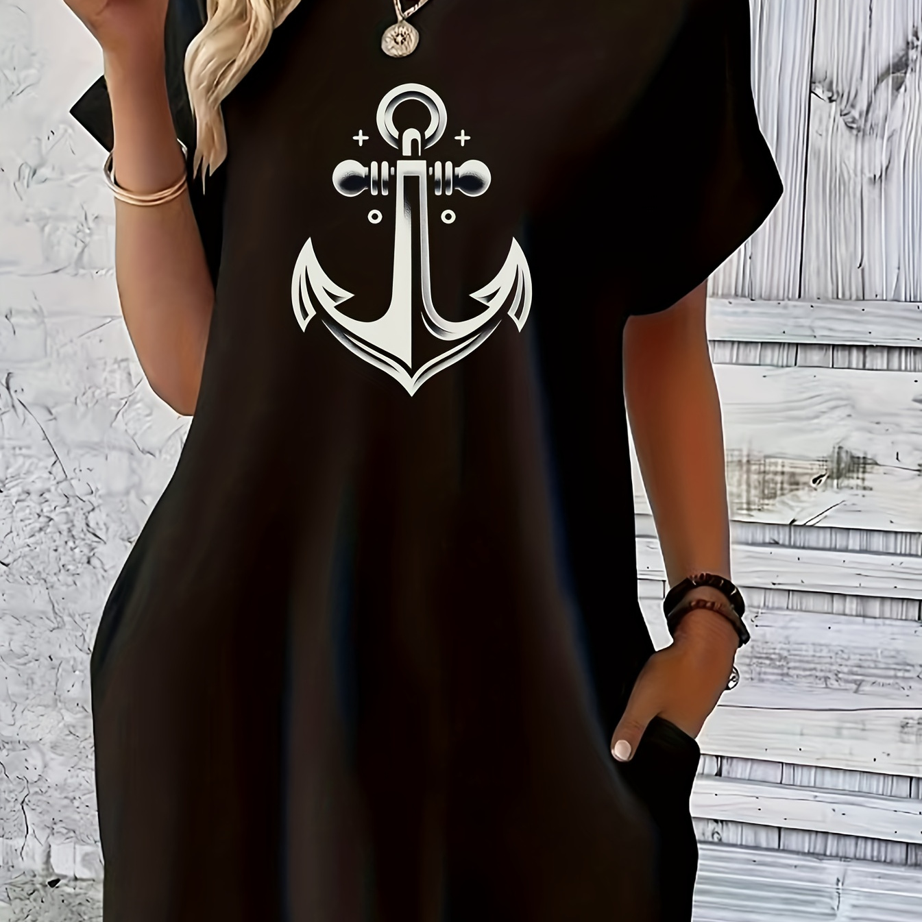 

Anchor Print Tee Dress, Short Sleeve Crew Neck Casual Dress For Summer & Spring, Women's Clothing