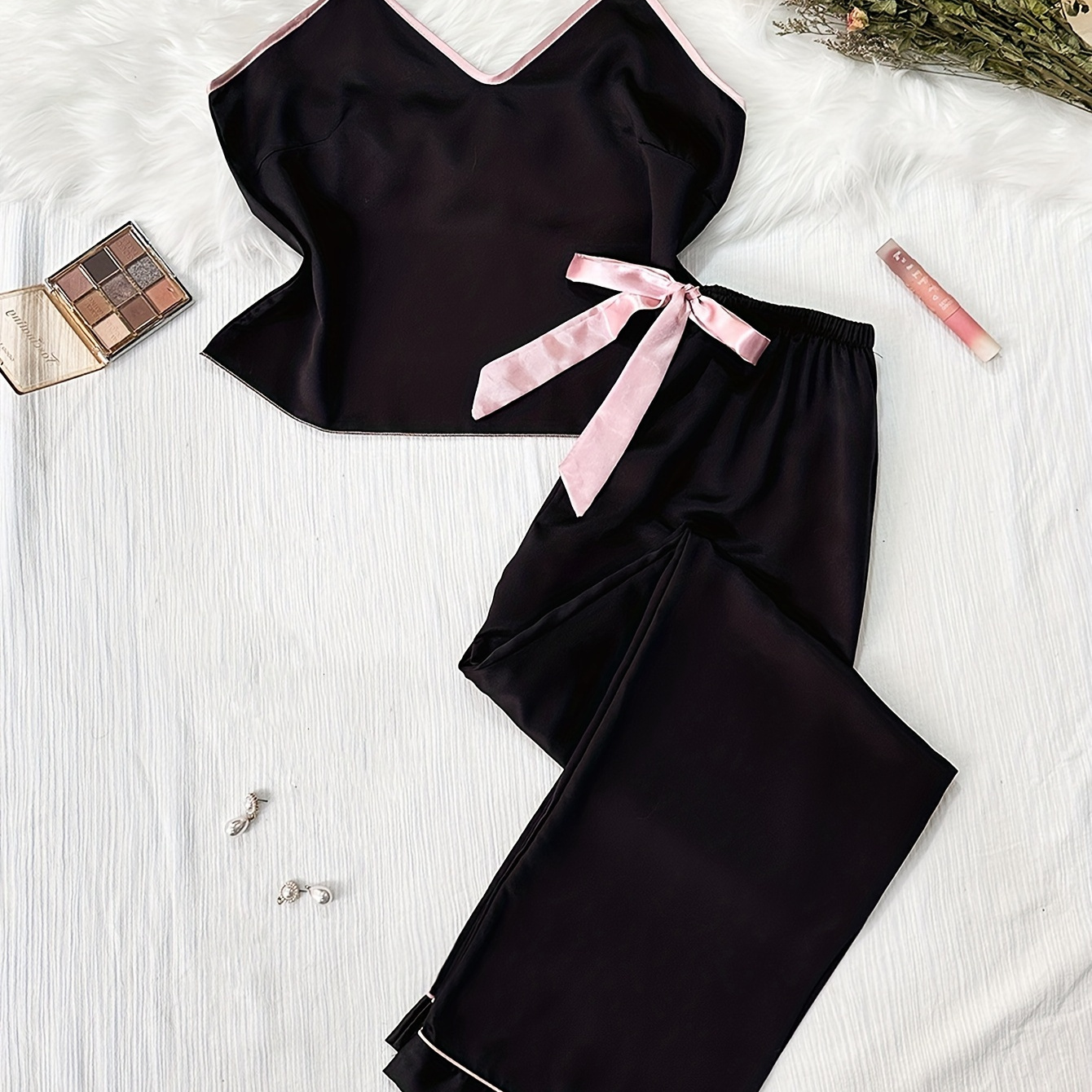

Solid Satin Binding Pajama Set, Casual V Neck Backless Cami Top & Bow Pants, Women's Sleepwear