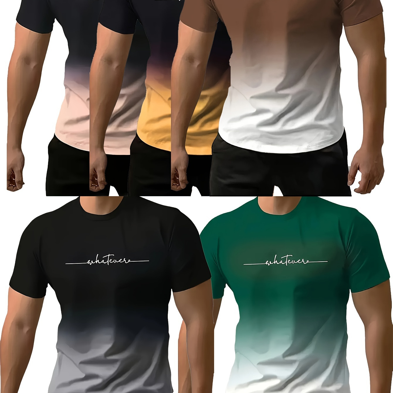 

5pcs Men's Gradient Crew Neck T-shirts With "authentic Vintage" Print - Casual, Breathable Polyester, Short Sleeve Summer Tees In Black, Dark Gray, , Yellow, & Green For & Vacation