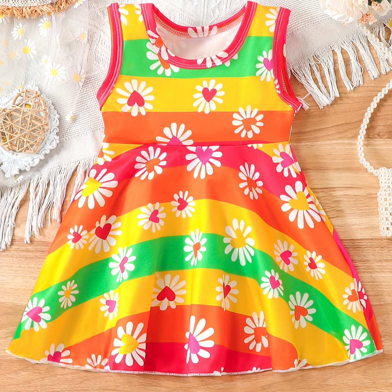 

Infant & Toddler's Rainbow Color Floral Pattern Dress, Casual Sleeveless Dress, Baby Girl's Clothing For Summer