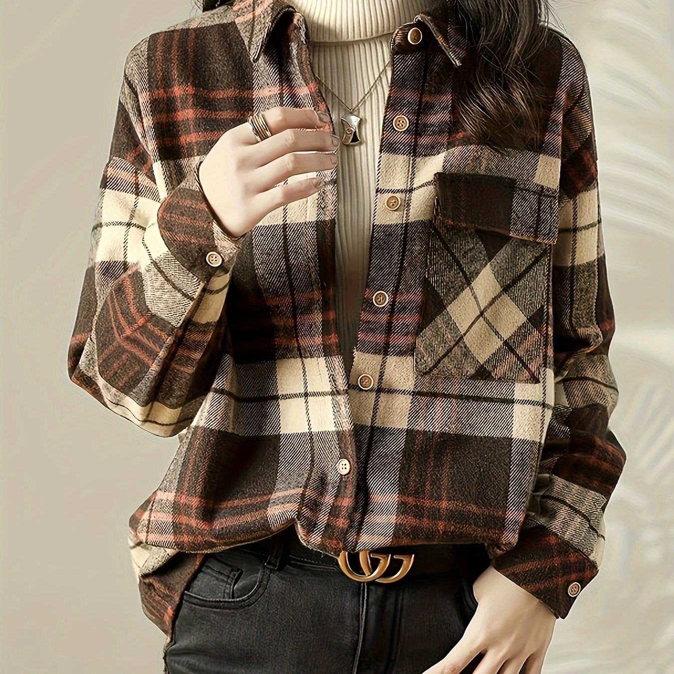 

Plaid Pattern Flap Pockets Shirt, Casual Long Sleeve Single Breasted Shirt For Spring & Fall, Women's Clothing