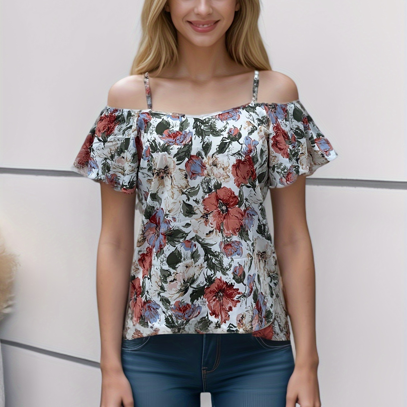 

Floral Print Cold Shoulder Blouse, Y2k Spaghetti Strap Short Sleeve Blouse For Spring & Summer, Women's Clothing