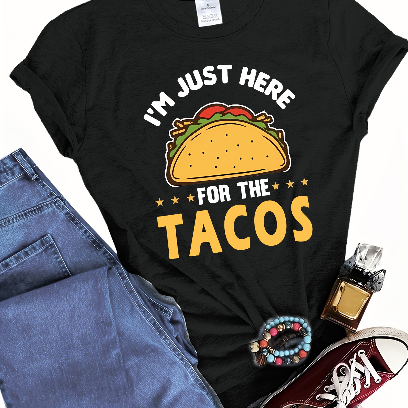 

Tacos Print T-shirt, Short Sleeve Crew Neck Casual Top For Summer & Spring, Women's Clothing