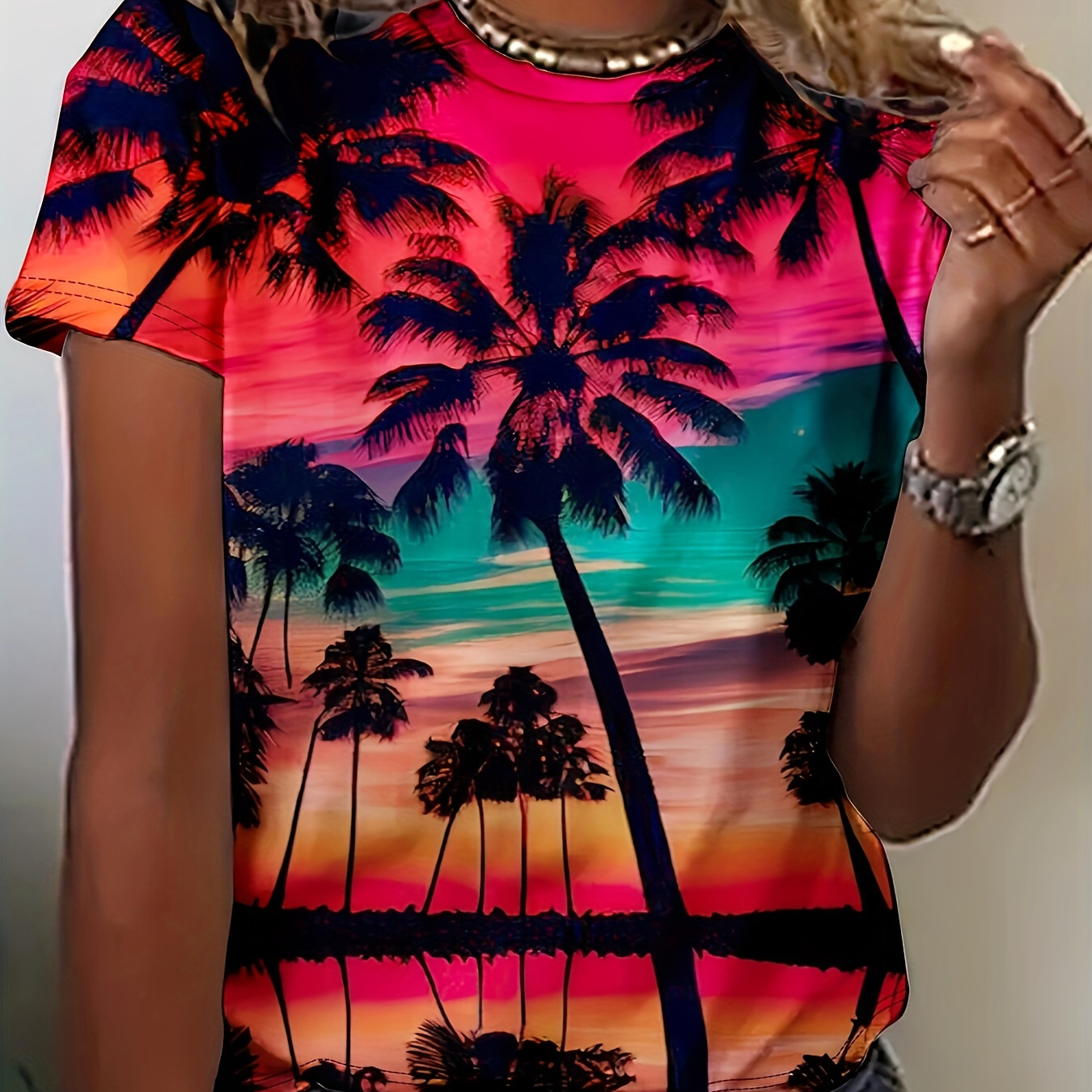 

T-shirt Imprimé Avec Motif D'arbre De Coco, Haut Décontracté À Manches Courtes Pour Le Printemps Et L'été, Vêtements Pour Femmes