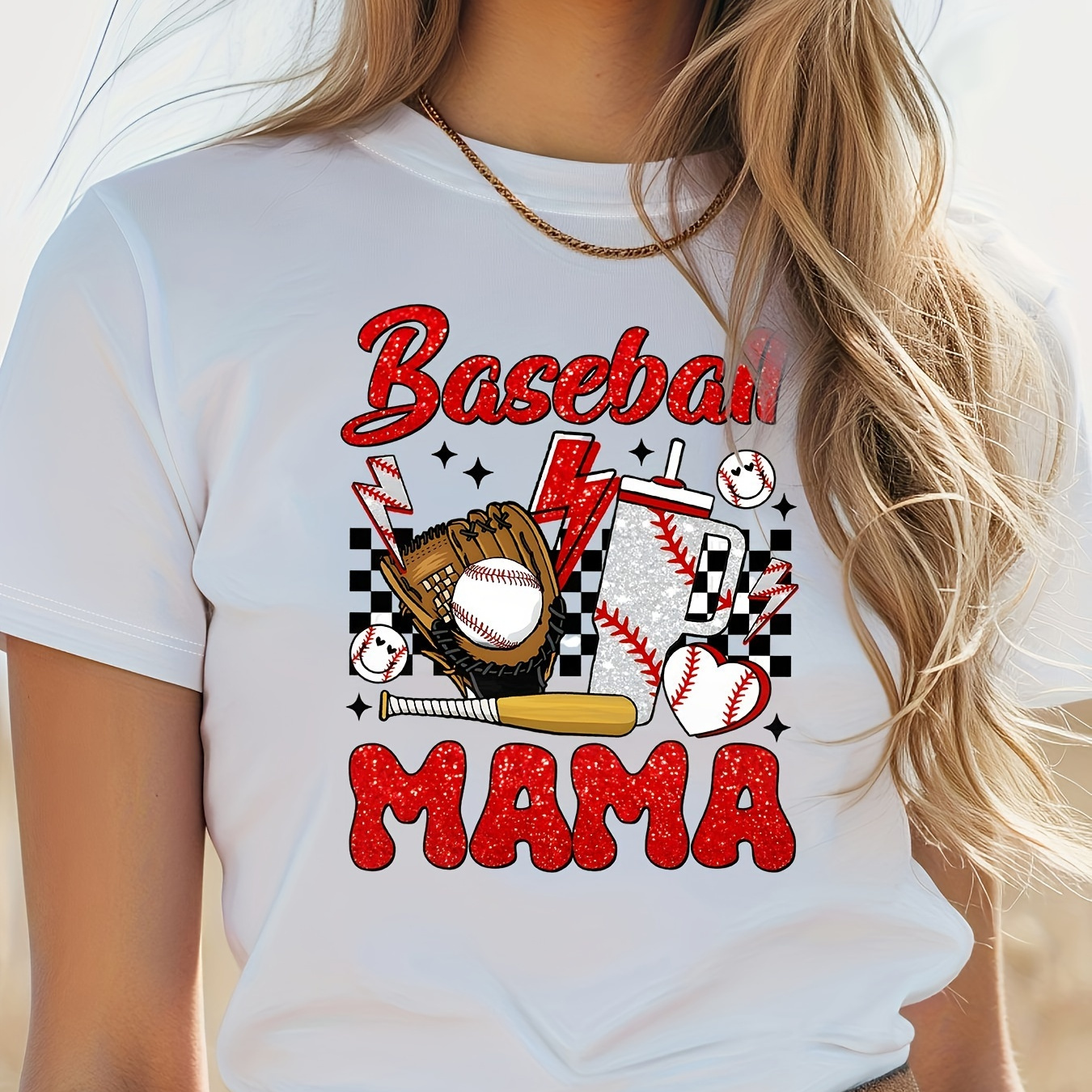 

Baseball Mama Print T-shirt, Short Sleeve Crew Neck Casual Top For Summer & Spring, Women's Clothing