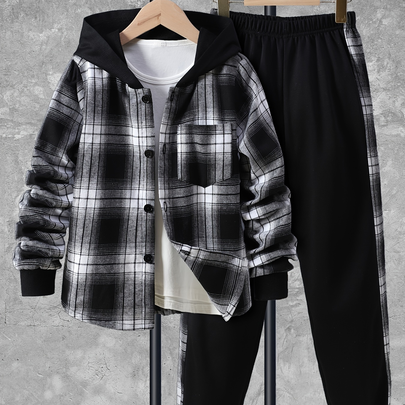

2pcs Boy's Casual Hoodie Outfit, Plaid Pattern Hooded Shirt & Sweatpants Set, Casual Long Sleeve Top, Kid's Clothes For Spring Fall