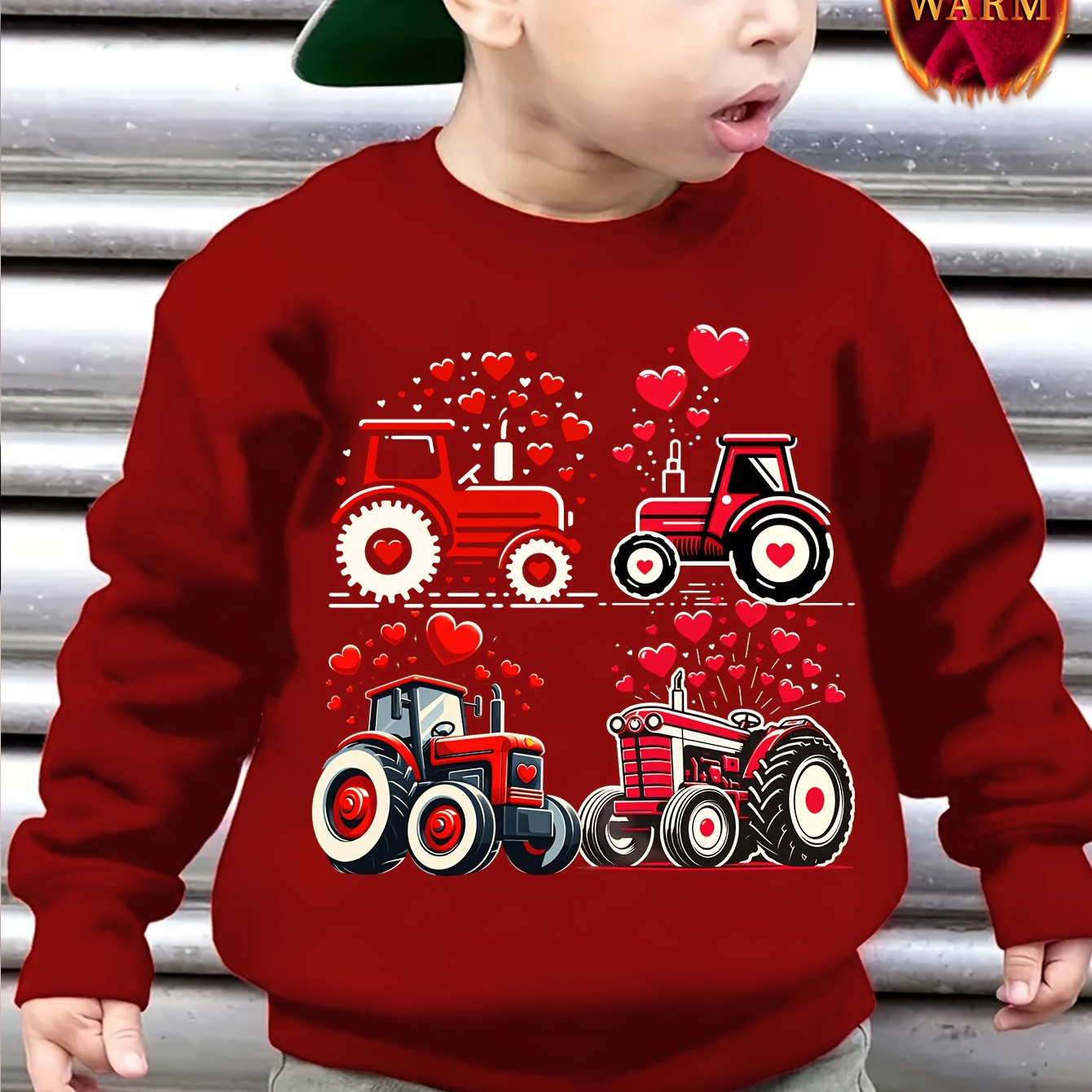 

1pc Chicfull Boys' Valentine's Day Crew Neck Sweatshirt, Love Heart Trucks Print, Casual Knit Polyester Pullover With Slight Stretch, Regular Fit