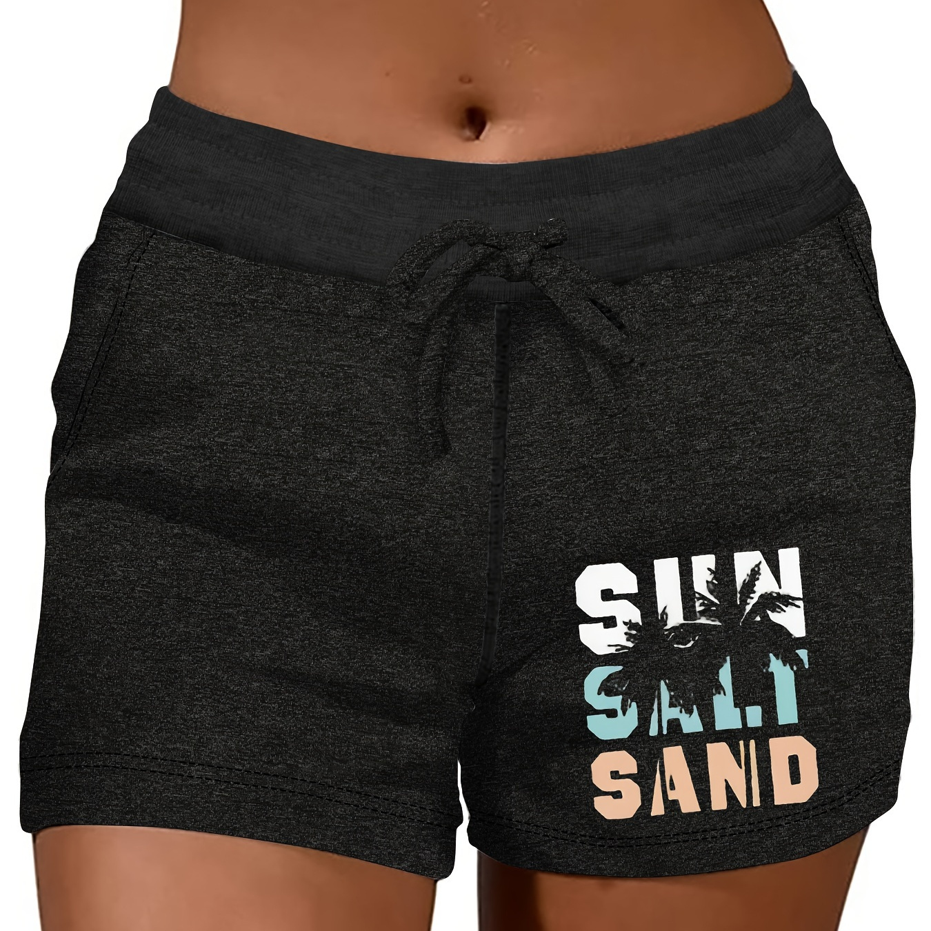 

Sun Sand Print Slant Pocket Drawstring Shorts, Casual Elastic Waist Fitted Shorts, Women's Clothing