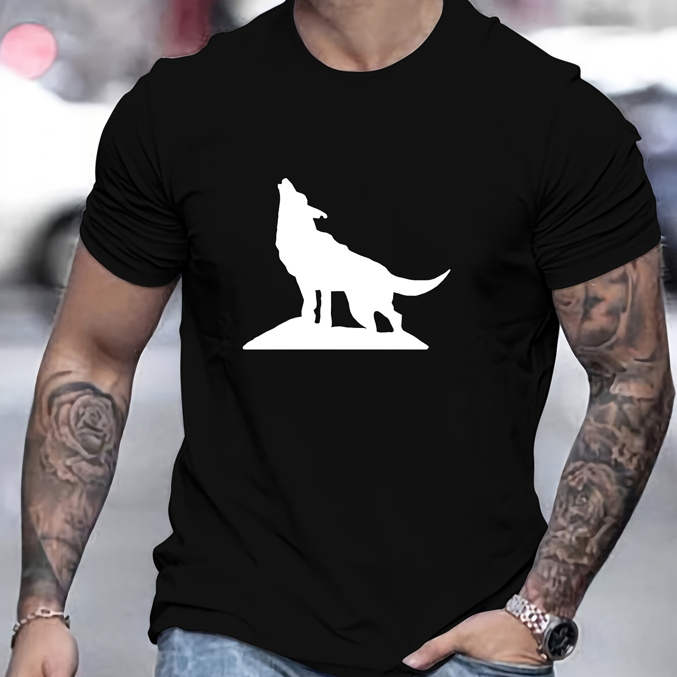 

Howling Wolf Print T Shirt, Tees For Men, Casual Short Sleeve T-shirt For Summer