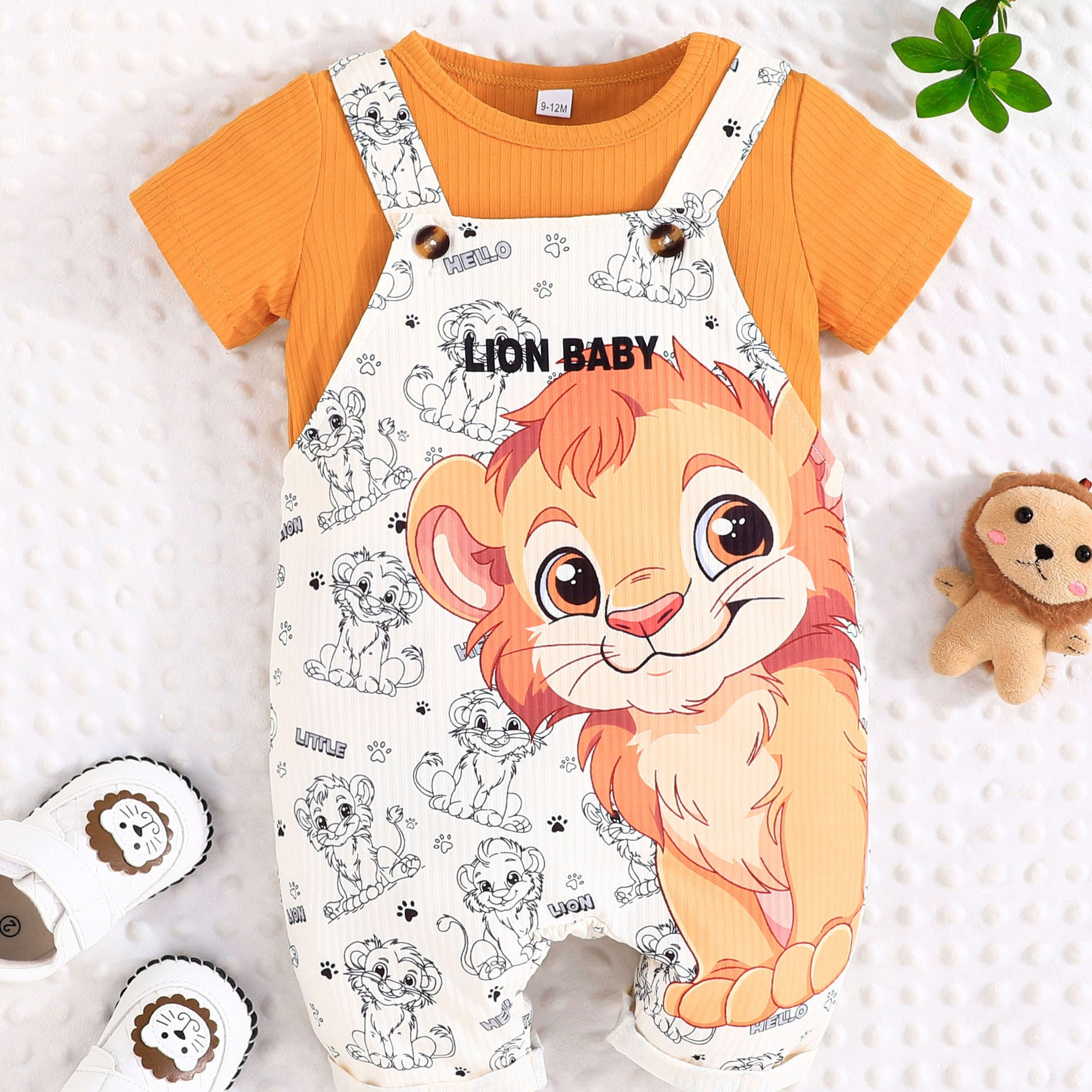 

Baby's Cartoon Lion Print 2pcs Summer Casual Outfit, T-shirt & Jumpsuit Set, Toddler & Infant Boy's Clothes