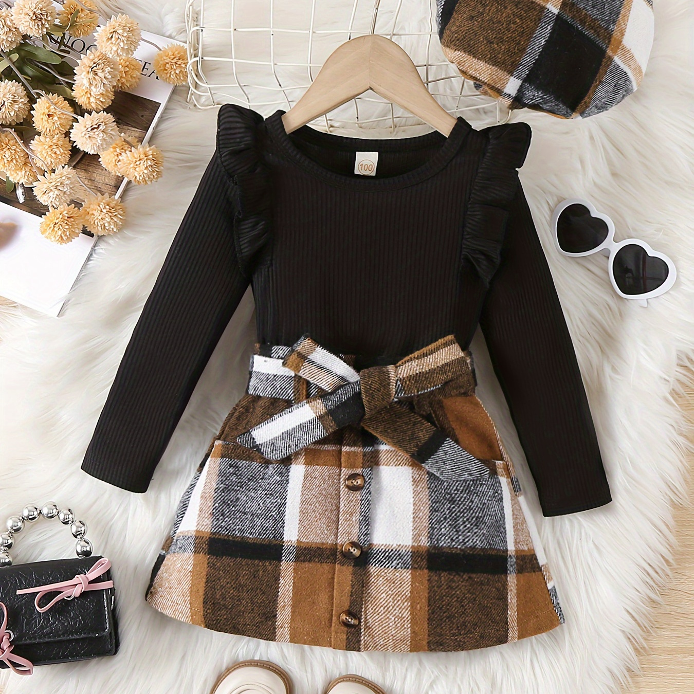 

1 Set Girl's Long-sleeve Ribbed Top + Plaid Skirt - Spring & Fall Daily Comfy Casual Outfit, As Gift