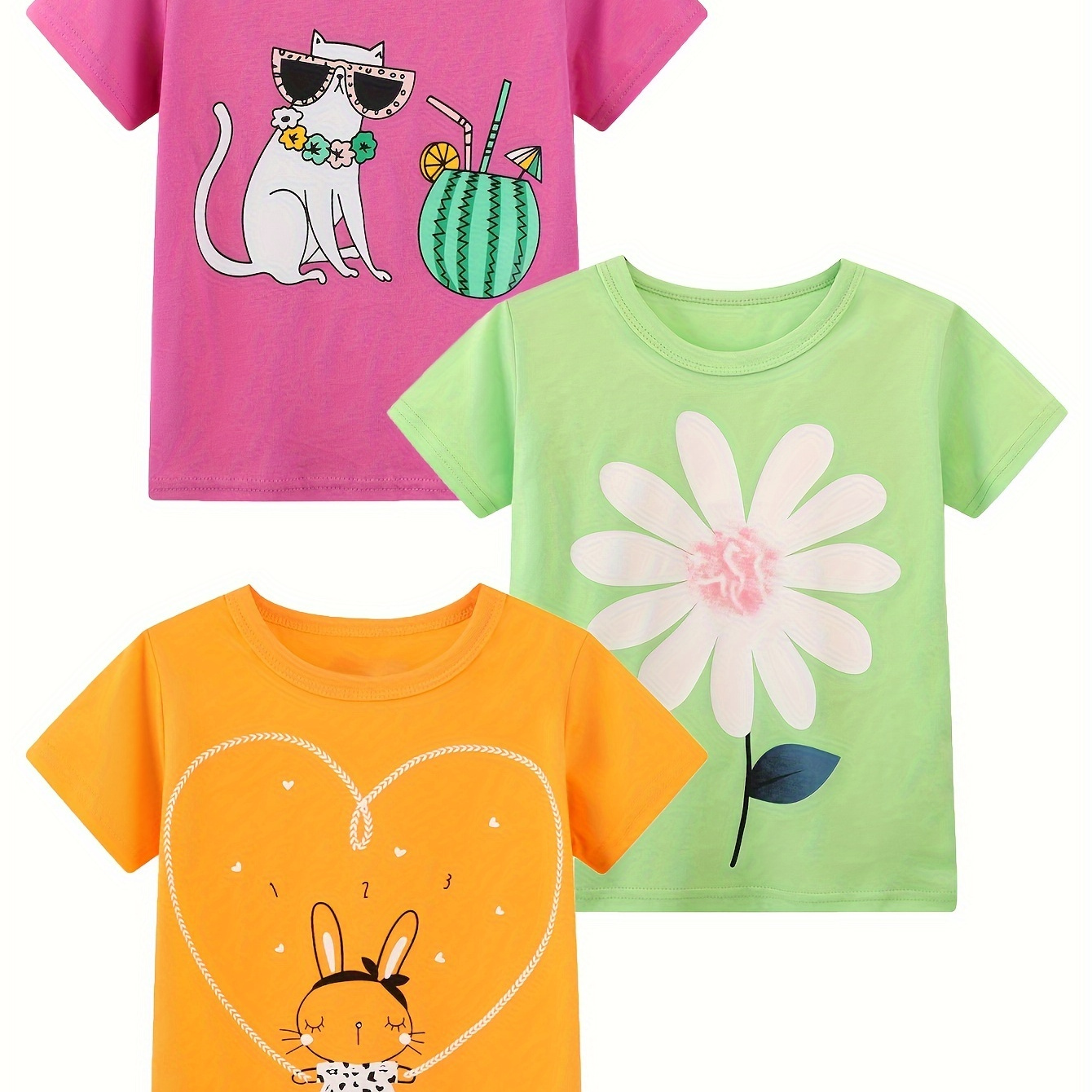 

Girls Short Sleeve T-shirt Pure Cotton Breathable Comfortable Casual Round Neck Sleeve Cartoon Flower Love Random Printed T-shirt Summer Top 3-pack