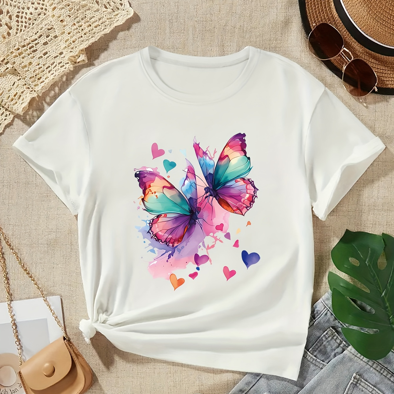 

Girls Fashion Butterfly Print T-shirt, Casual Round Neck Short Sleeve Top, Stretchable Knitted Fabric, Multi-color & Sizes Available For Girls