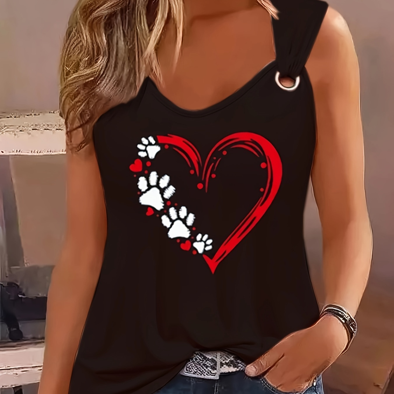

Heart & Paw Print Ring Detail Tank Top, Casual Sleeveless Round Neck Top, Women's Clothing, Valentine's Day