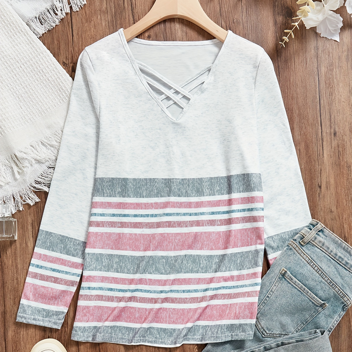 

Striped Crisscross V Neck T-shirt, Casual 3/4 Sleeve Top For Spring & Fall, Women's Clothing