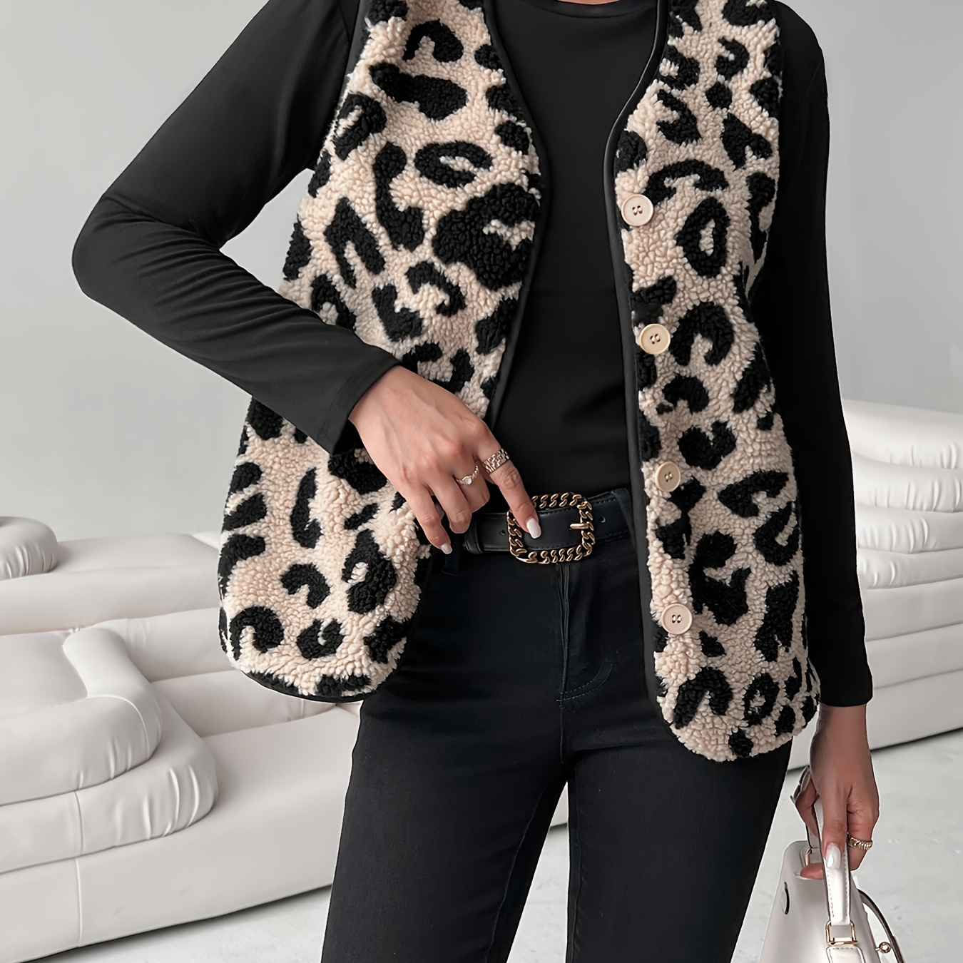 

Women's Casual Leopard Print Knit Vest, 100% Polyester Warm Plush Cardigan With Button Detail, Fall/winter Season Outerwear