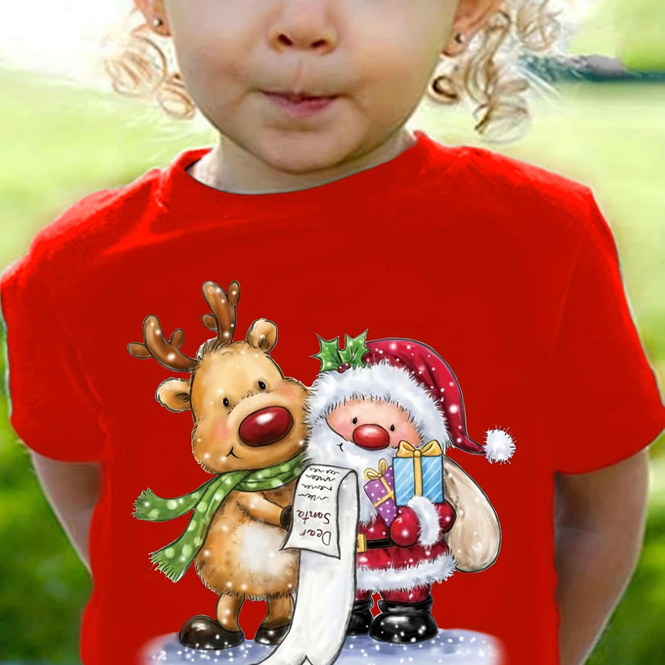 

Girls Cartoon Santa & Reindeer In The Snow Print Short Sleeve T-shirt Kids Clothes For Christmas Gift Summer