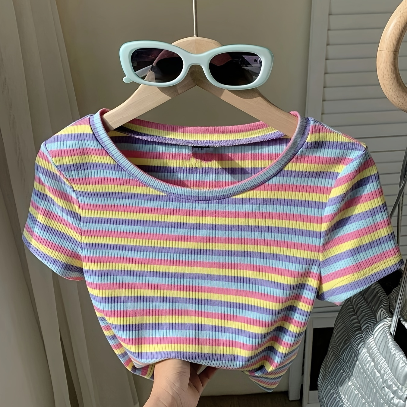 

Stripe Print Crew Neck T-shirt, Y2k Short Sleeve Crop Tee For Spring & Summer, Women's Clothing