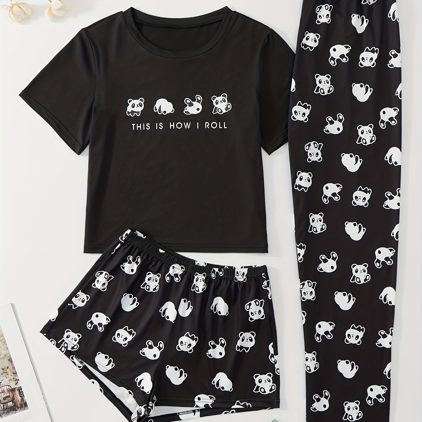 

Panda Print Pajama Set, Cute Short Sleeve Top & Shorts & Pants, Women's Sleepwear & Loungewear