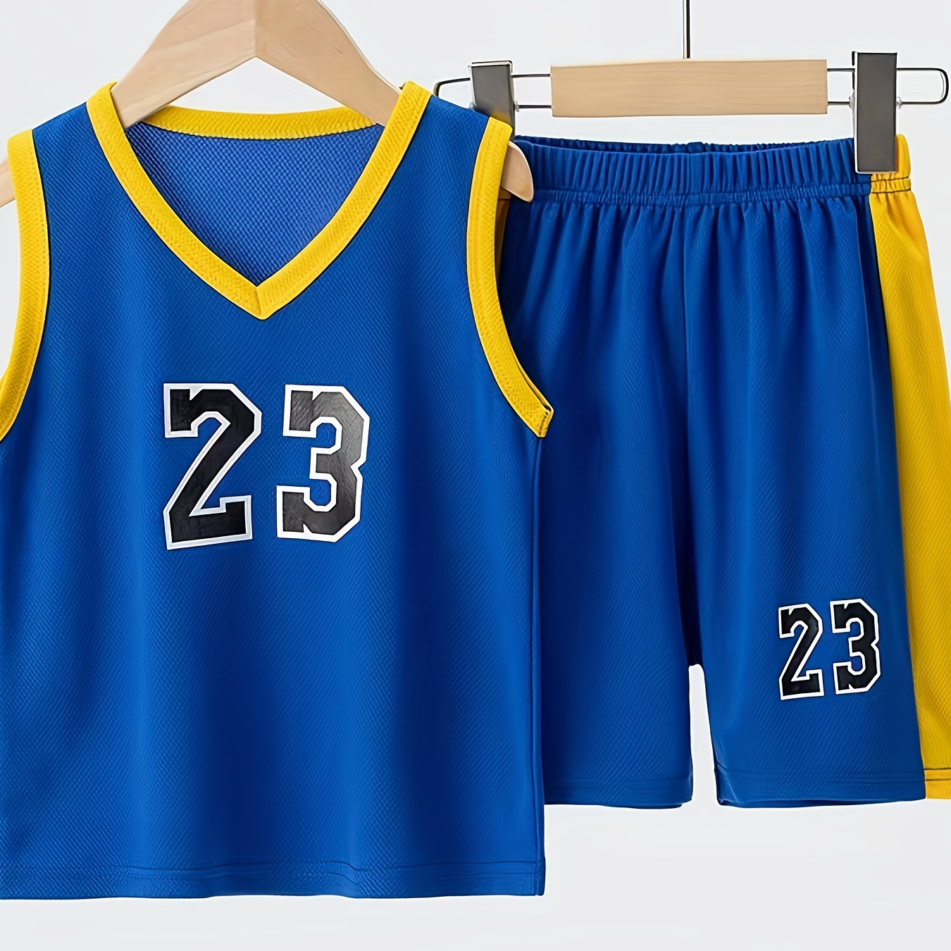 

Boys 2-piece Athletic Set, Sleeveless Number 23 Jersey & Shorts, Youth Basketball Sports Outfit, Casual Loose Fit, Blue And Yellow
