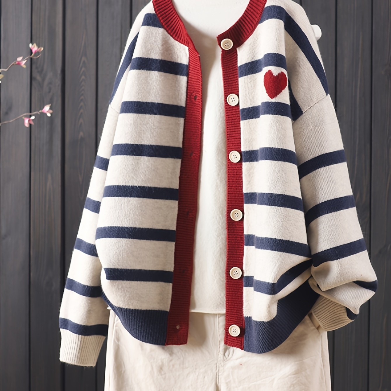 

Women's Striped Cardigan, Polyester Knit Pullover, Casual Round Neck With Heart Detail, Loose Fit, Button Front, Sleeveless, Autumn/ Sweater